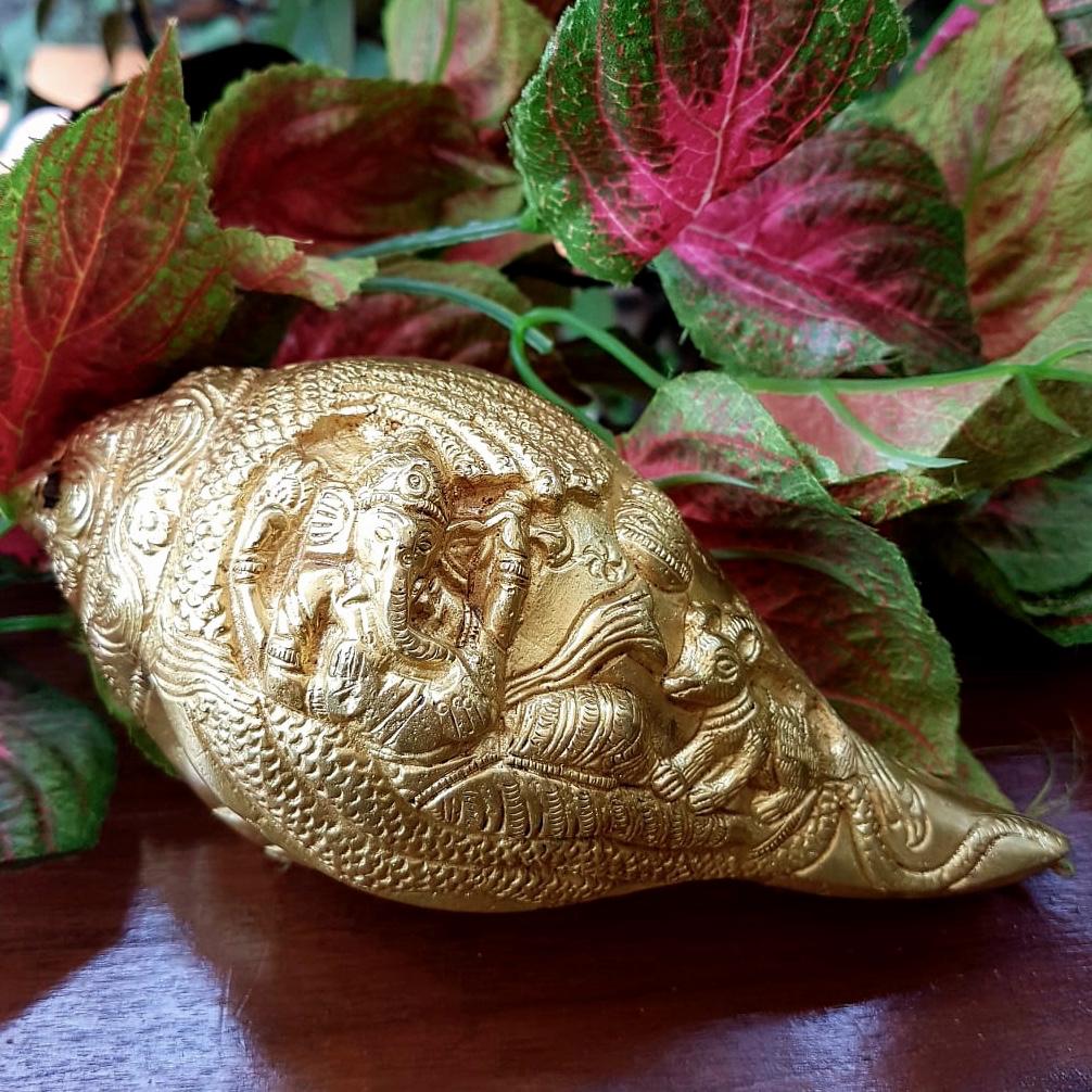 Lord Ganesha Brass Conch (Shank) 7 Inches - Decorative Home Decor