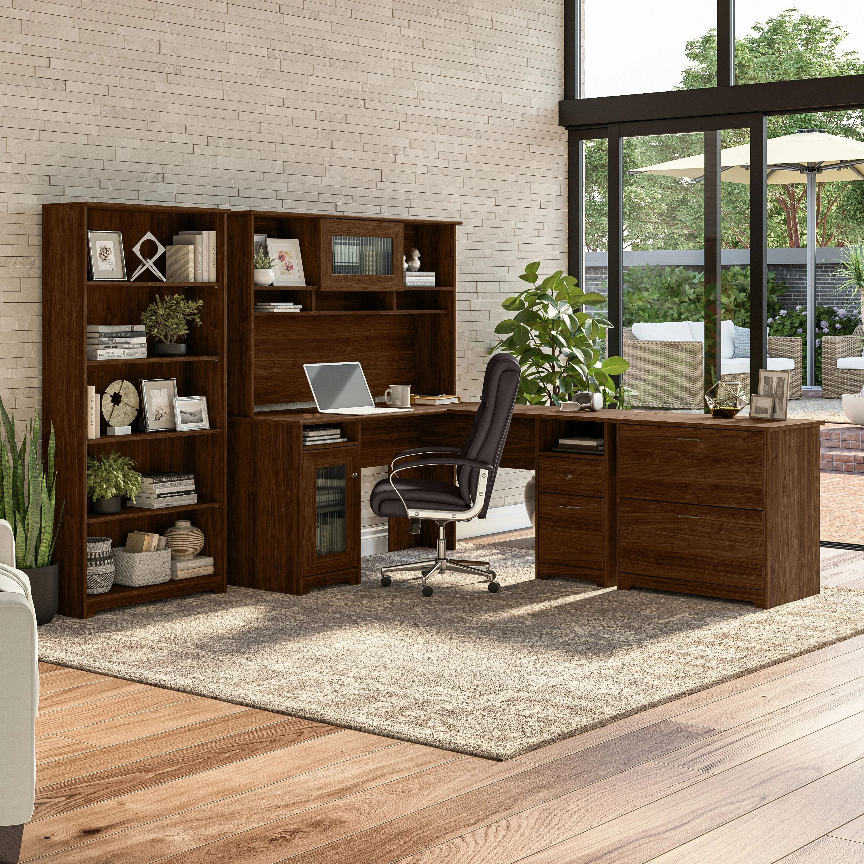 Cabot 60W L Shaped Computer Desk with Hutch, File Cabinet and Bookcase