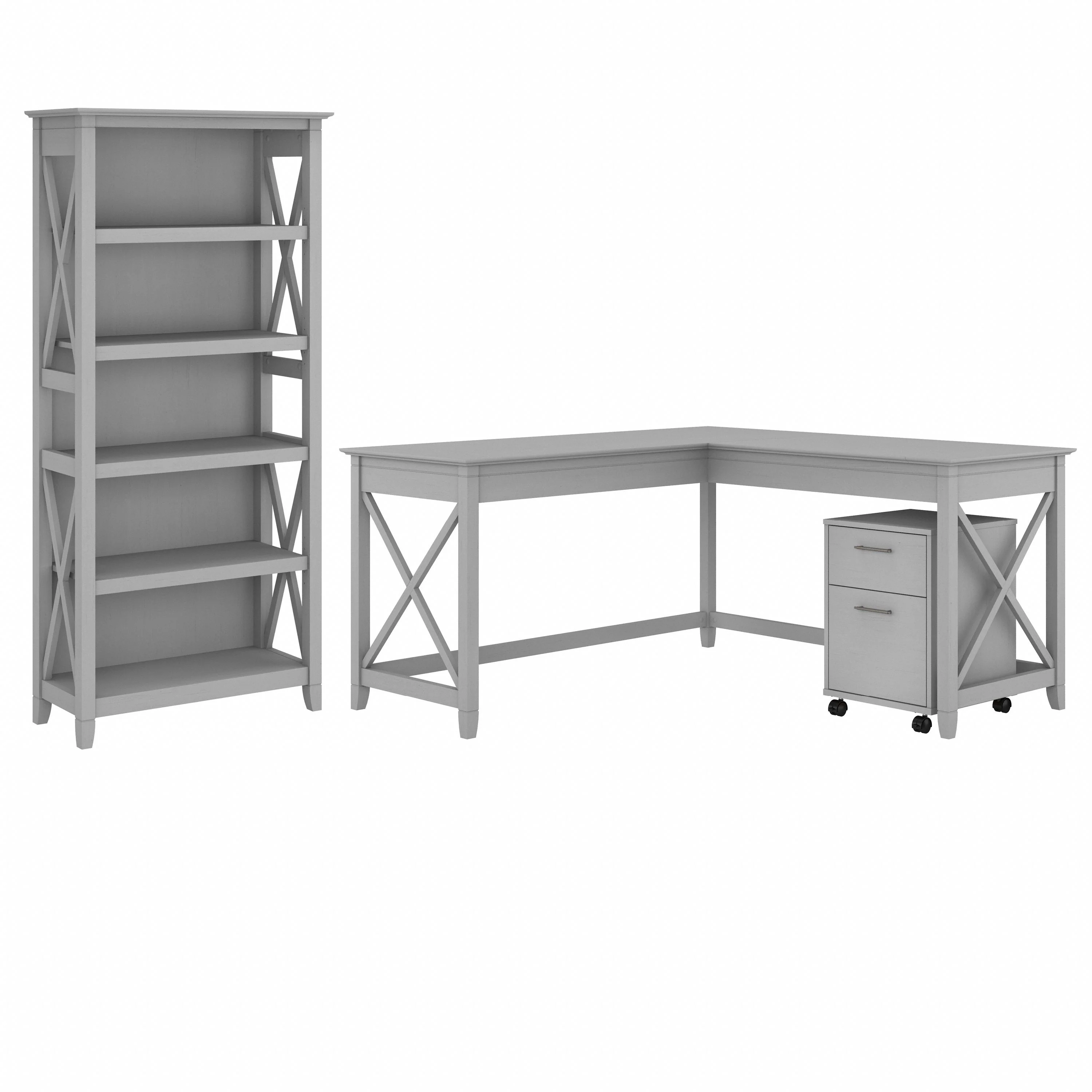 Key West 60W L Shaped Desk with 2 Drawer Mobile File Cabinet and 5 Shelf Bookcase