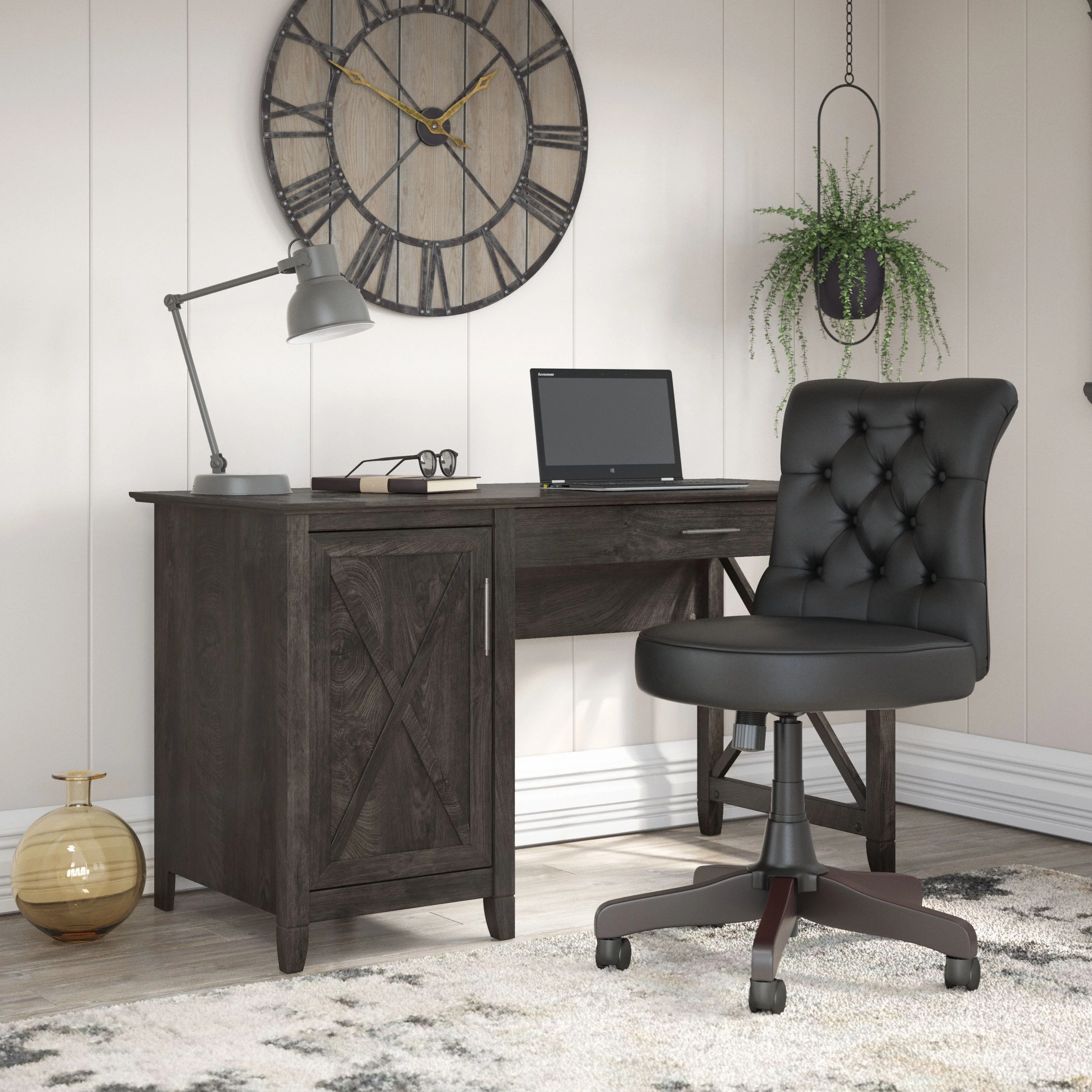 Key West 54W Computer Desk with Storage and Mid Back Tufted Office Chair