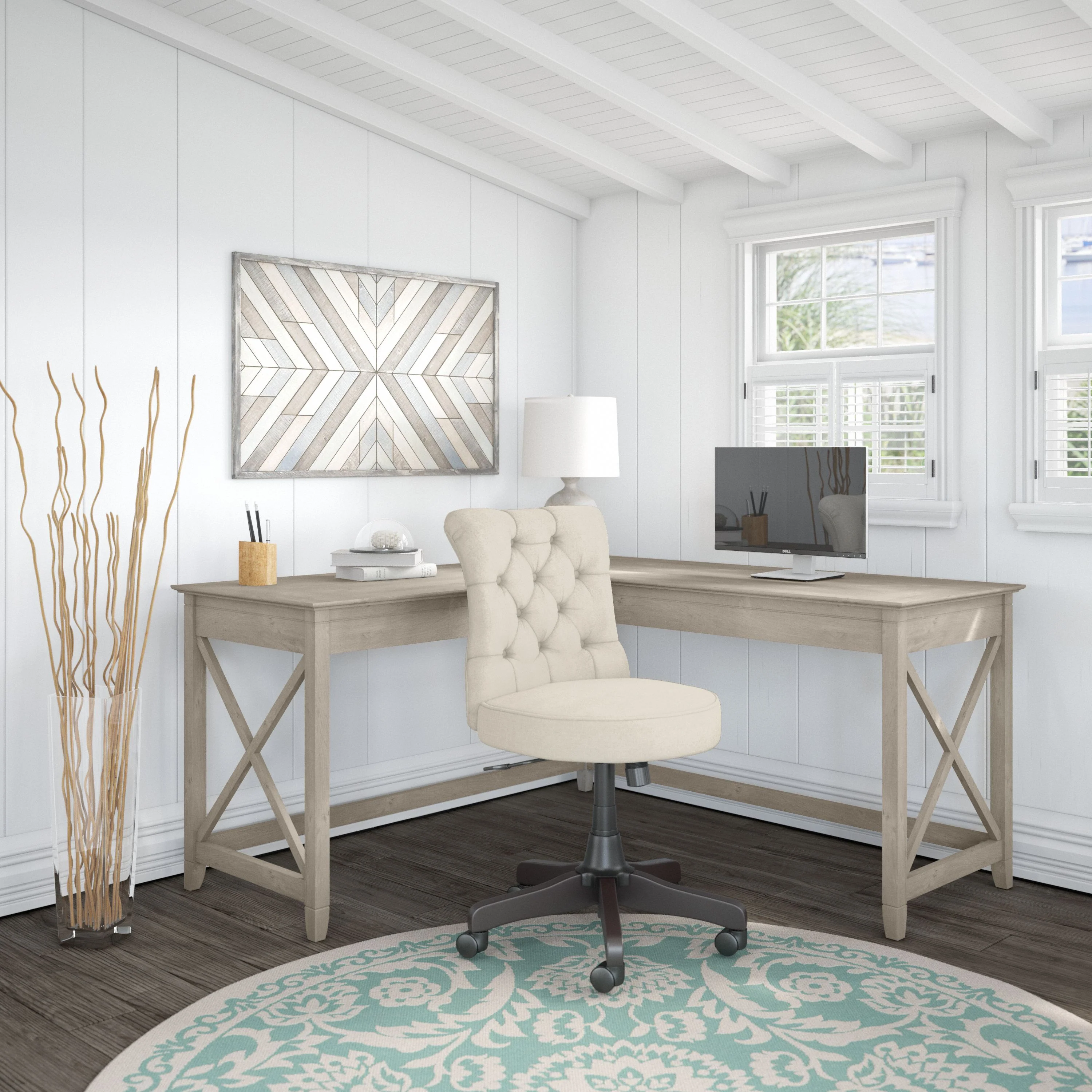 Key West 60W L Shaped Desk with Mid Back Tufted Office Chair