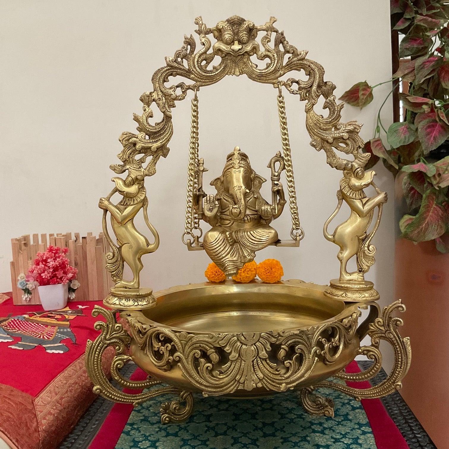Ganesha Swing Decorative Brass Urli - Festive Indian Decor