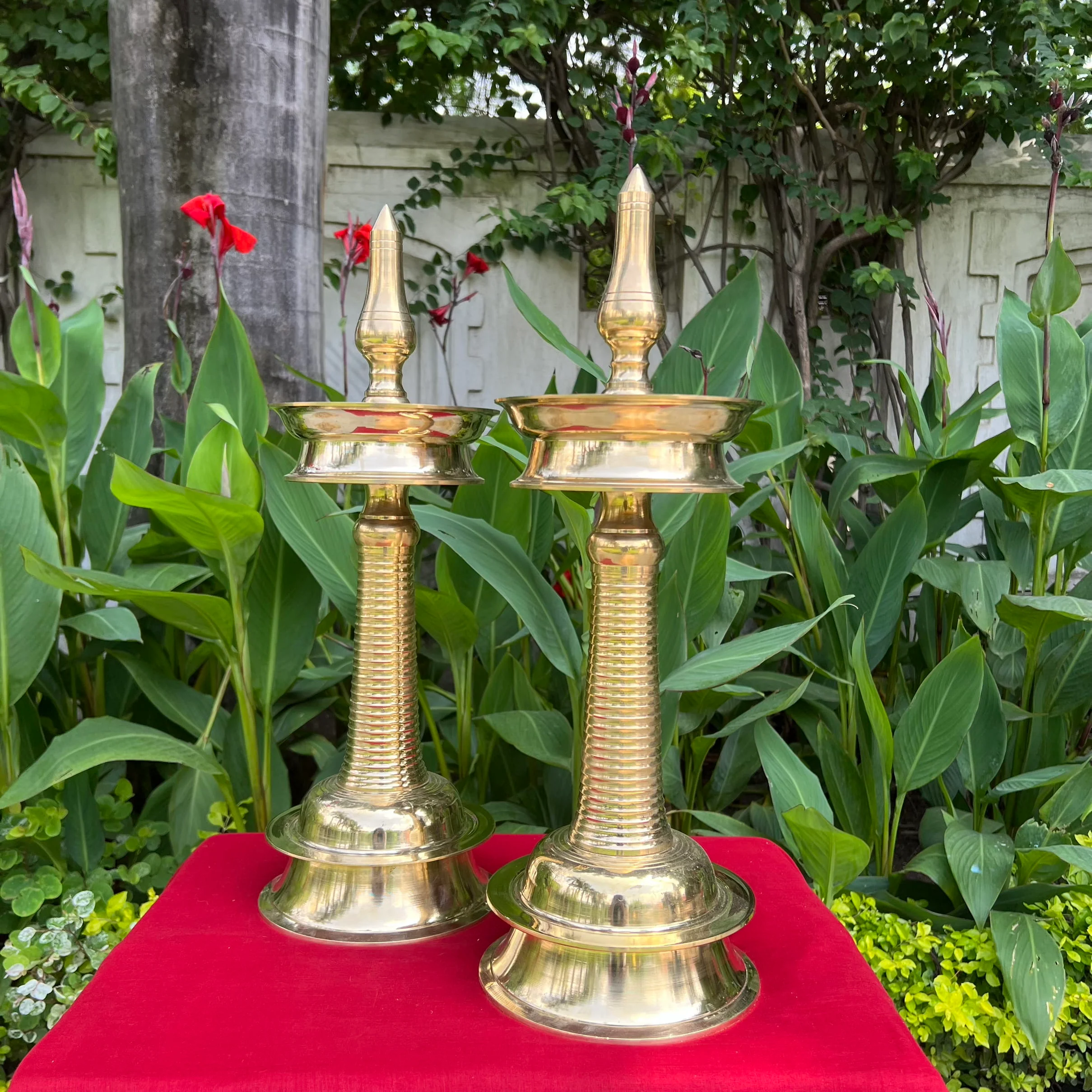 21.5 Inch Brass Kerala Nilavilakku (Set of 2) - Handmade Brass Lamp Diya - Decorative Decor