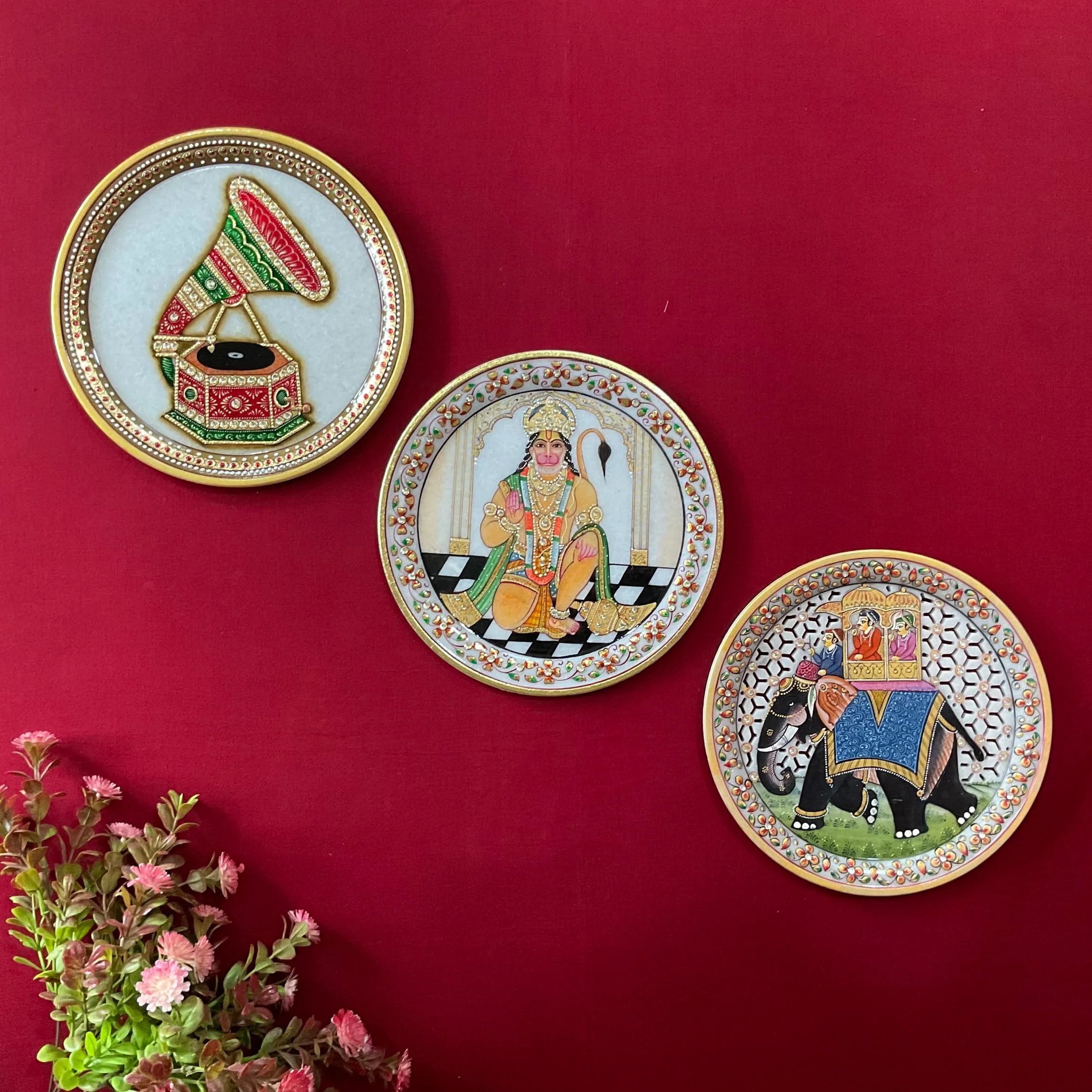 Hanumanji, Elephant And Gramaphone Painting (Set of 3) - Wall Hanging - Decorative Round Marble Plate