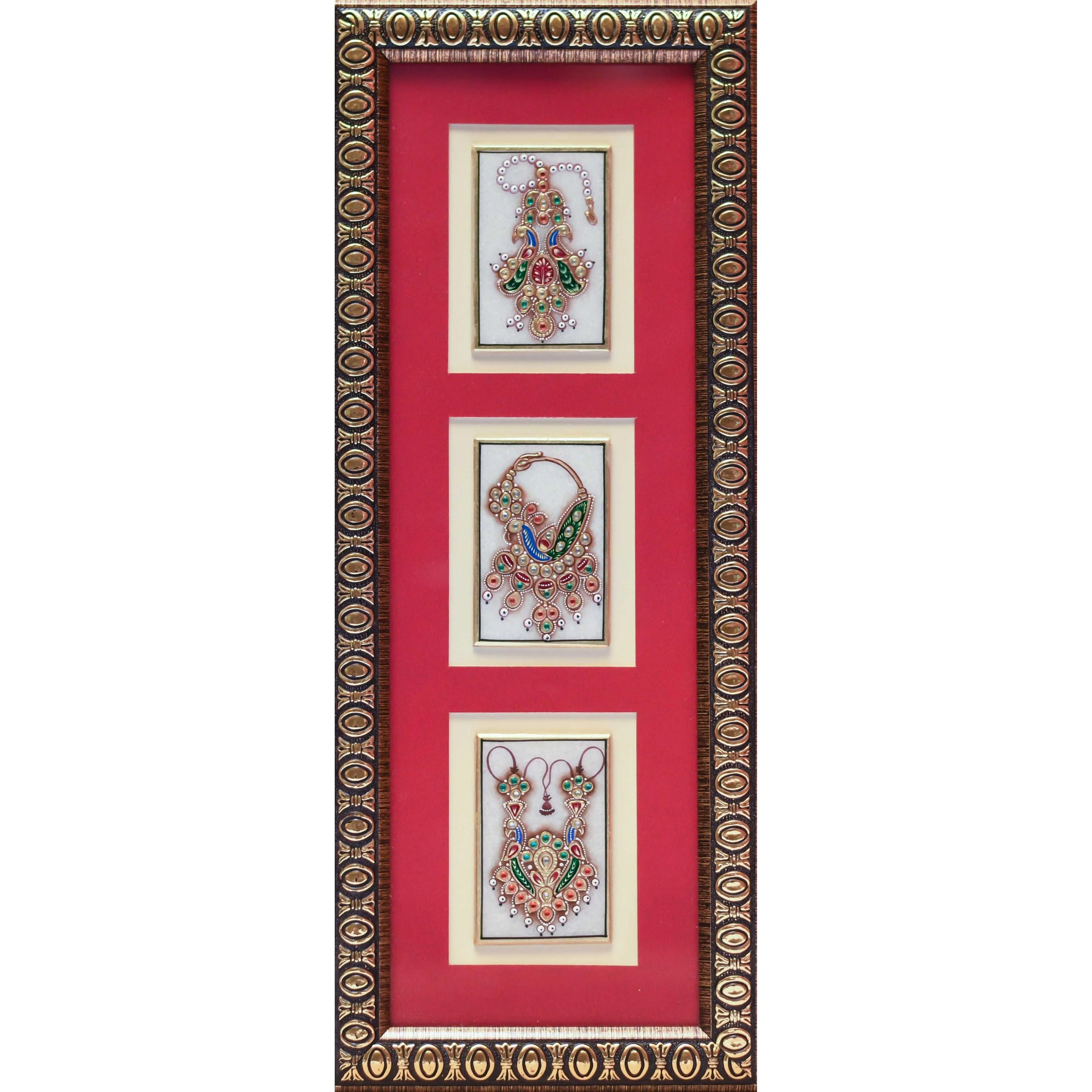 Handcrafted Jewelry Painting, Gold Leaf Meenakari Art, Three Marble Miniature - Wall decor