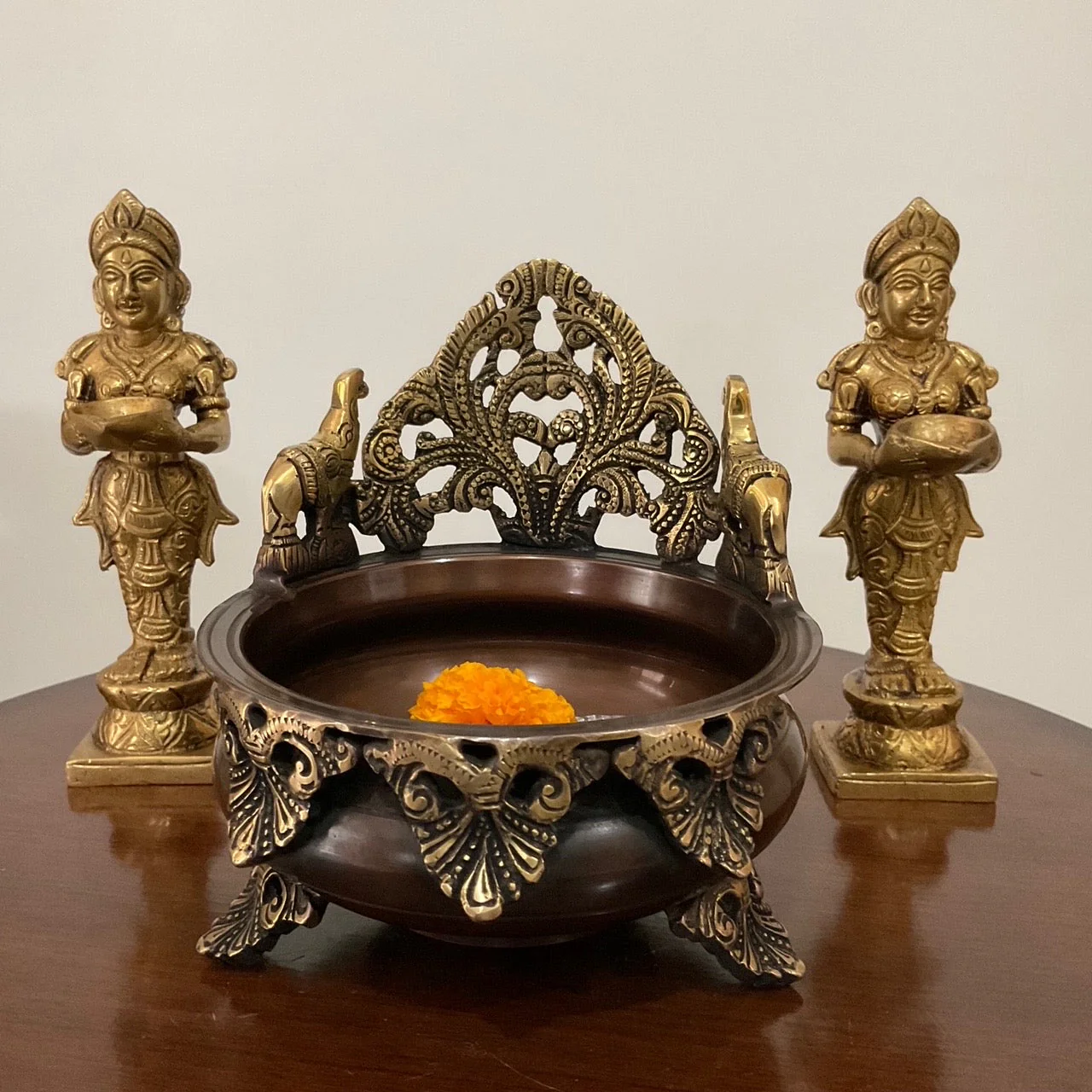 6 Inches Brass Urli Copper Finish And 7 Inches Deep Lakshmi (Set of 3)