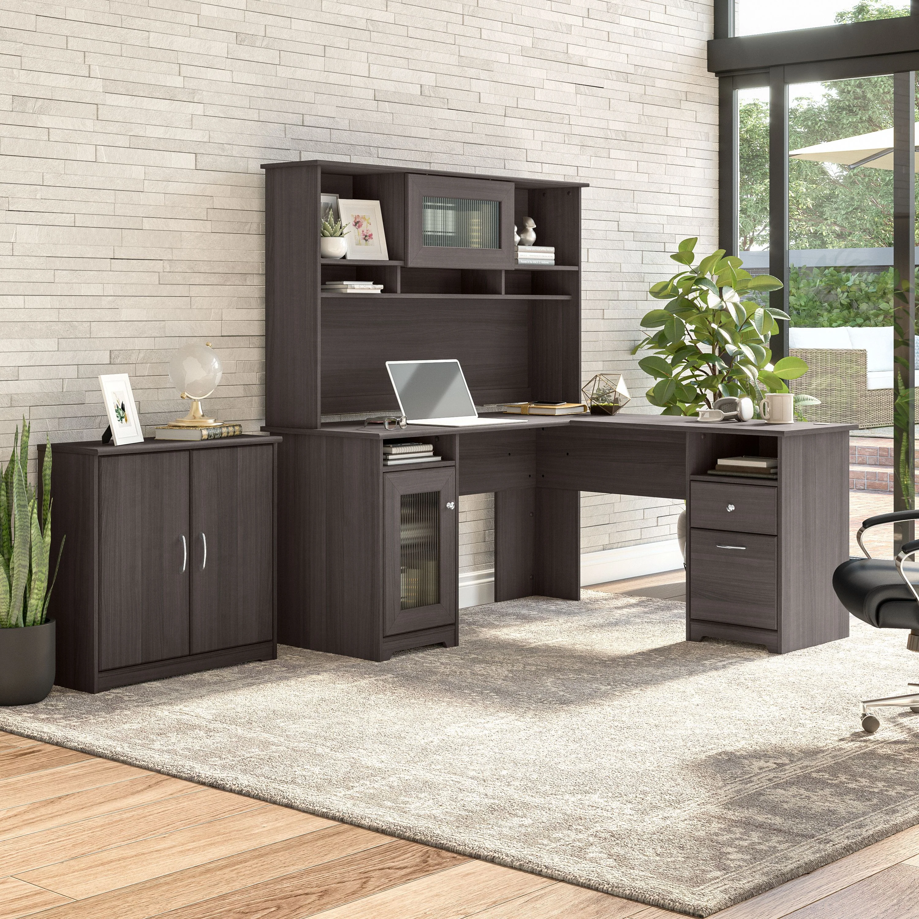 Cabot 60W L Shaped Computer Desk with Hutch and Small Storage Cabinet