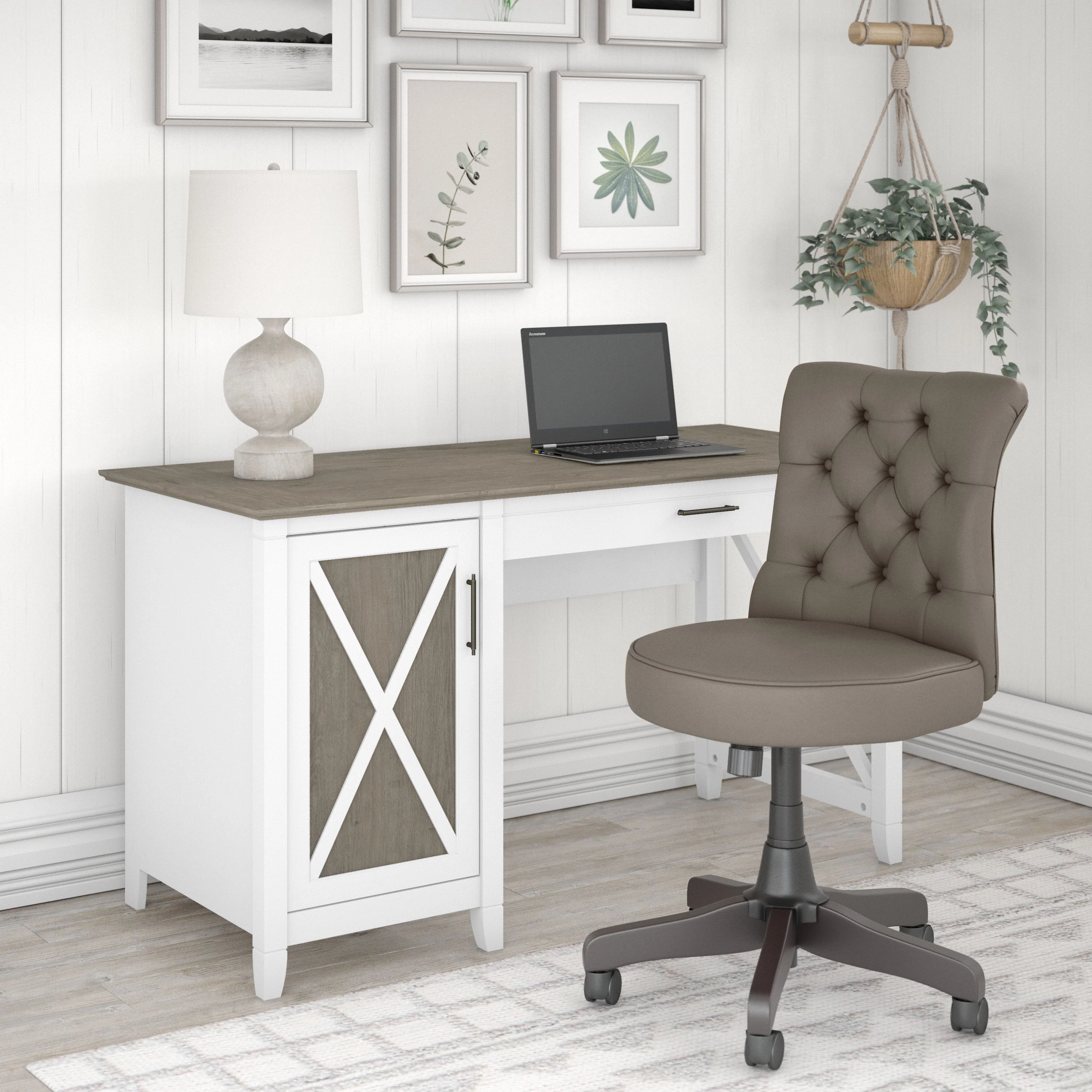 Key West 54W Computer Desk with Storage and Mid Back Tufted Office Chair