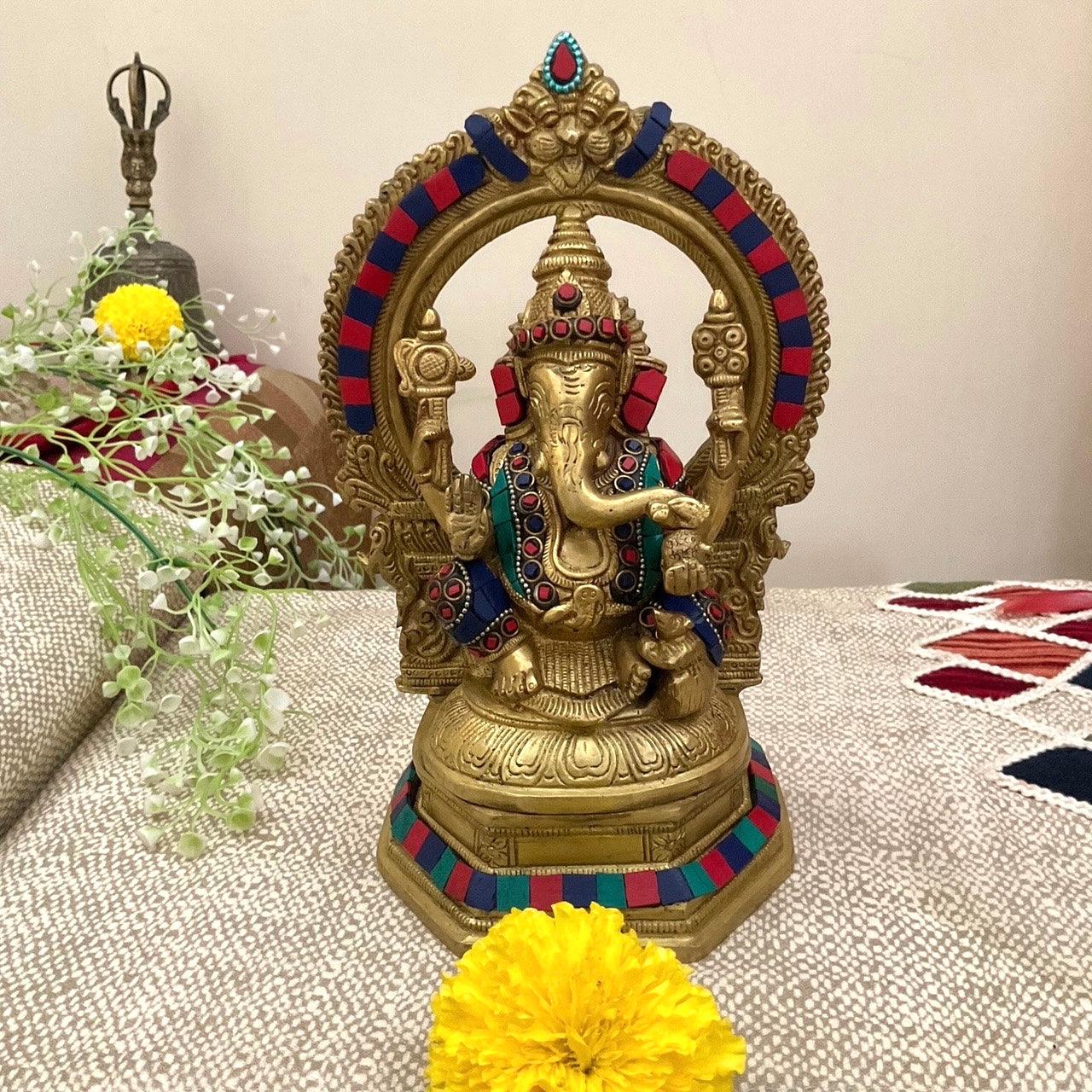 Lord Ganesh Brass Idol With Yali Prabhavali Stonework - Decorative Statue