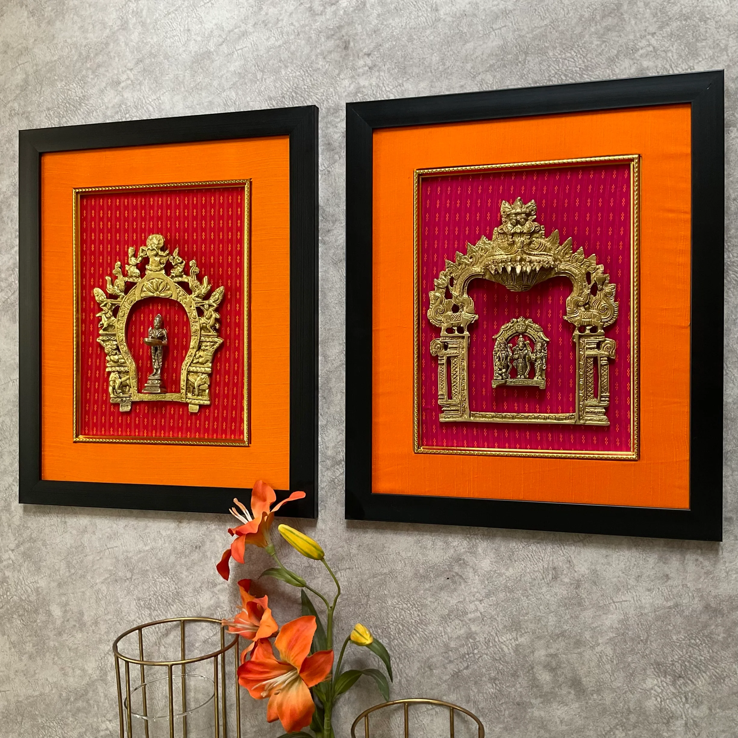 Framed Brass Prabhavali (Set of 2) - Ram Darbar And Deep Lakshmi - Ethnic Wall Decor