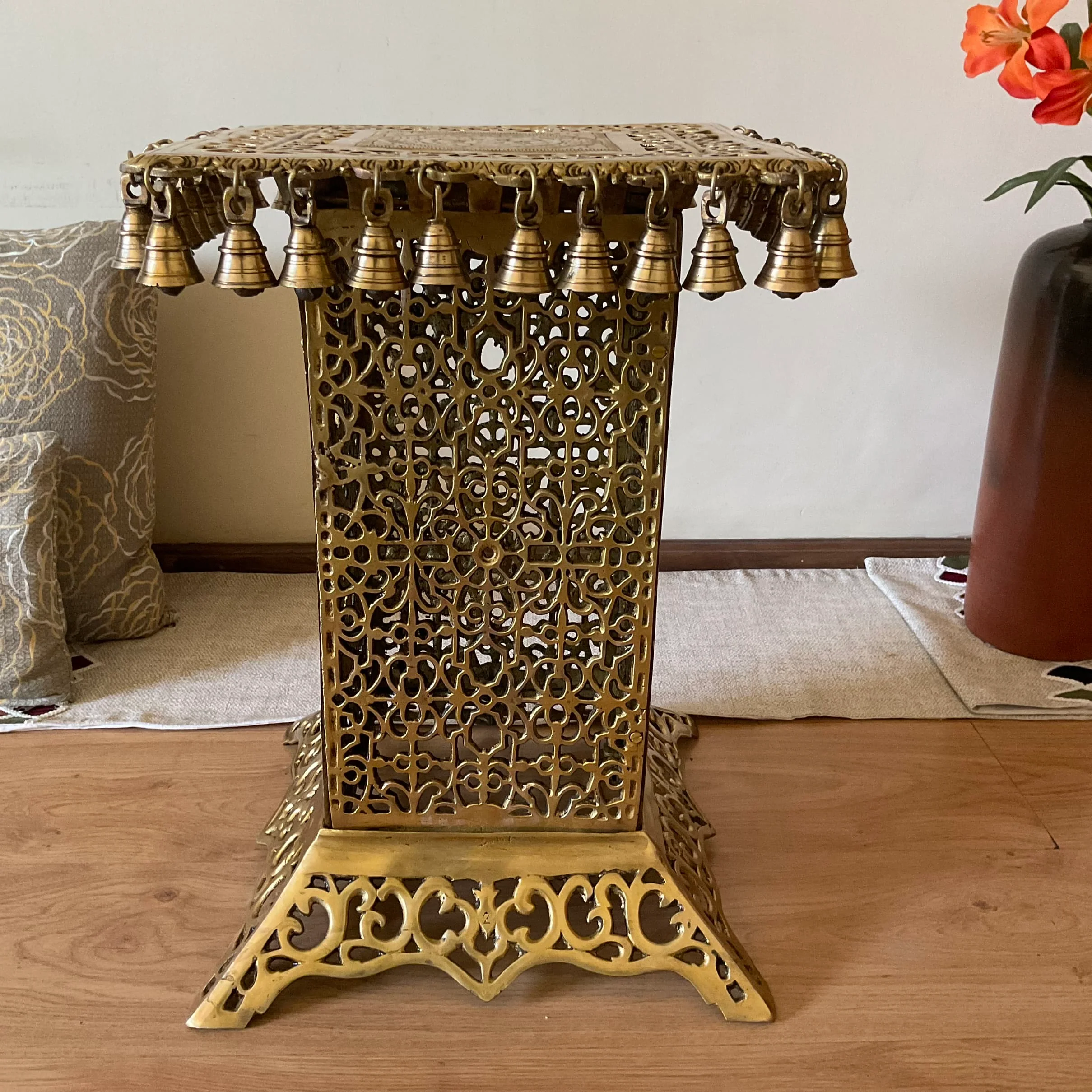 21 Inch Brass Chowki With Bells For Idols And Pooja