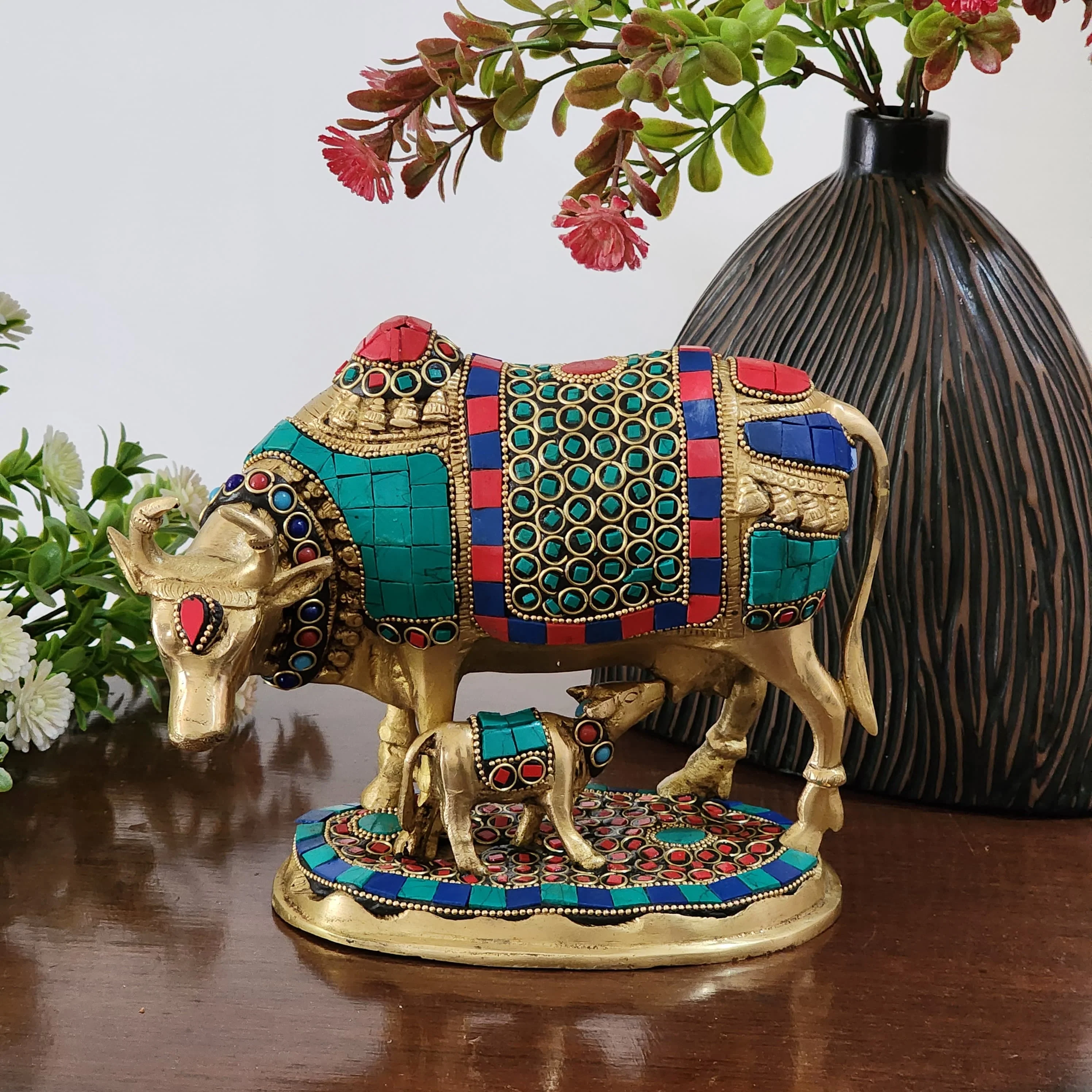 8 Inches Cow and Calf Handmade Brass Statue With Stonework -  Decorative Figurine