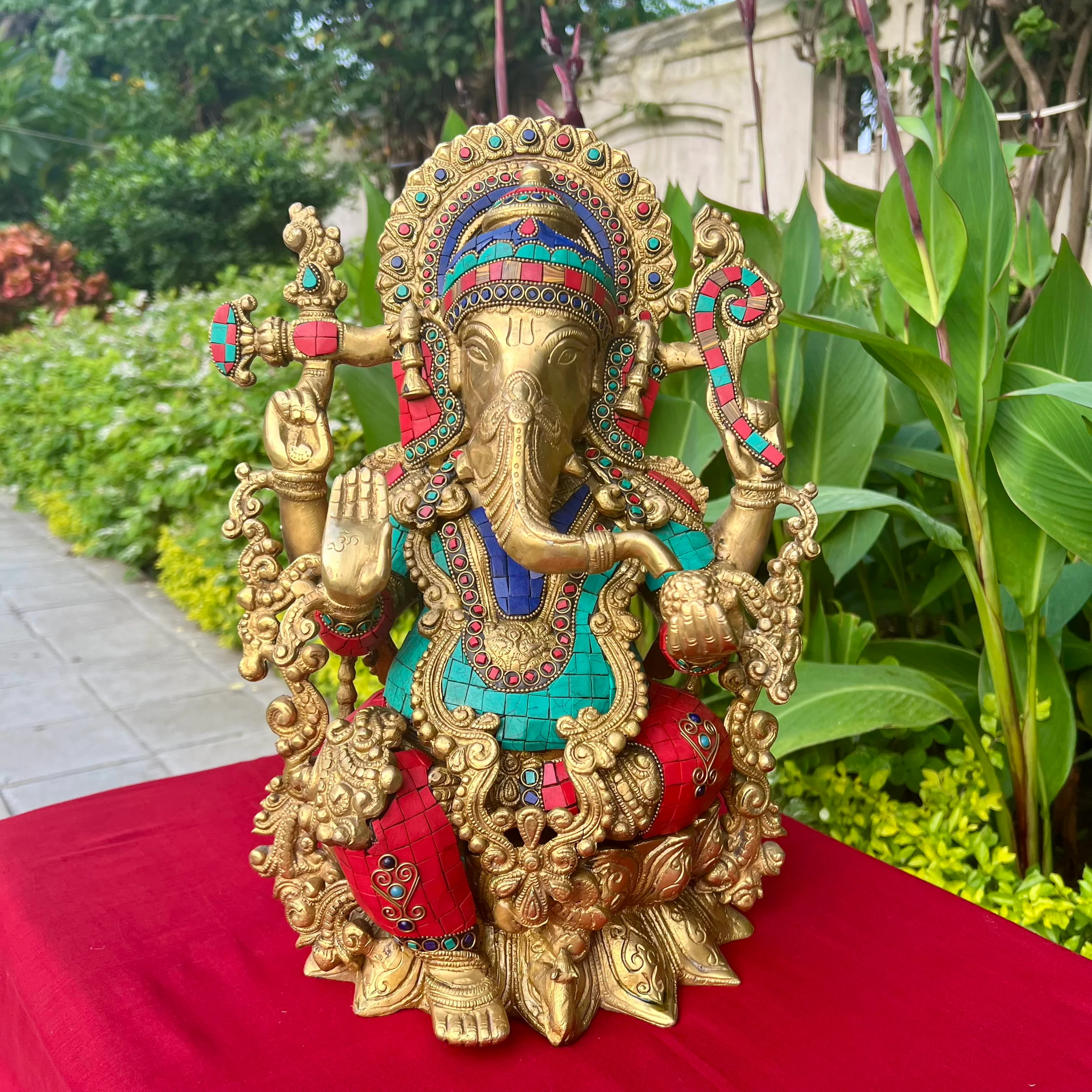 16 Inches Lord Ganesh Brass Idol Stonework - handcrafted Ganpati Decorative Statue for Home Decor - Housewarming Gift