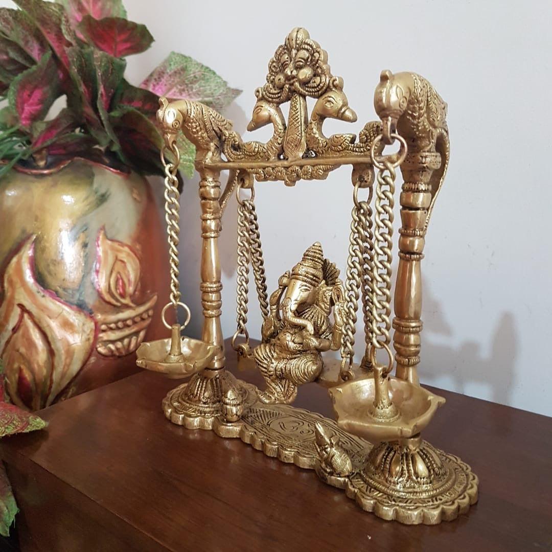 Lord Ganesh Swing Brass Idol - Diya Lamp - Traditional Home Decor