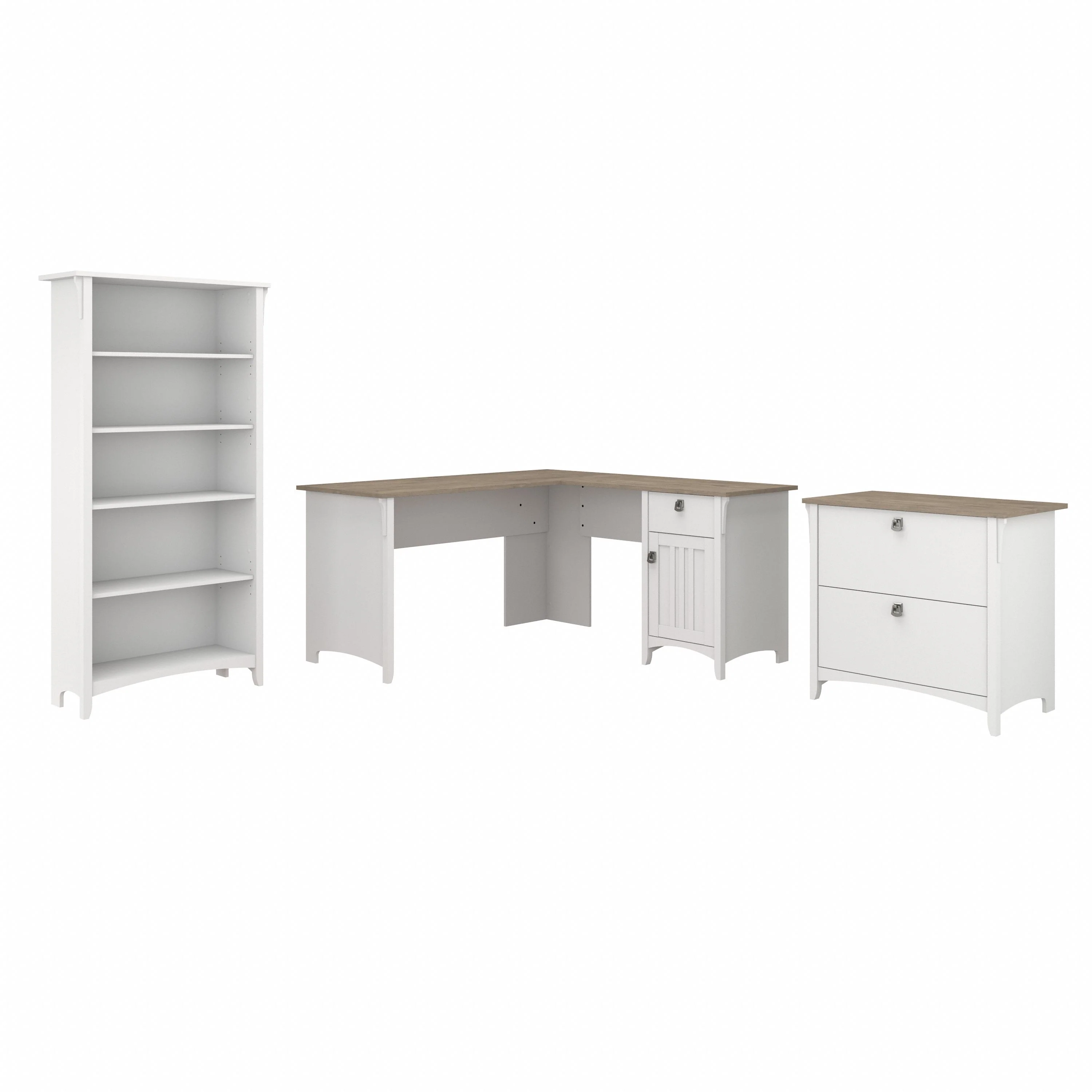 Salinas 60W L Shaped Desk with Lateral File Cabinet and 5 Shelf Bookcase