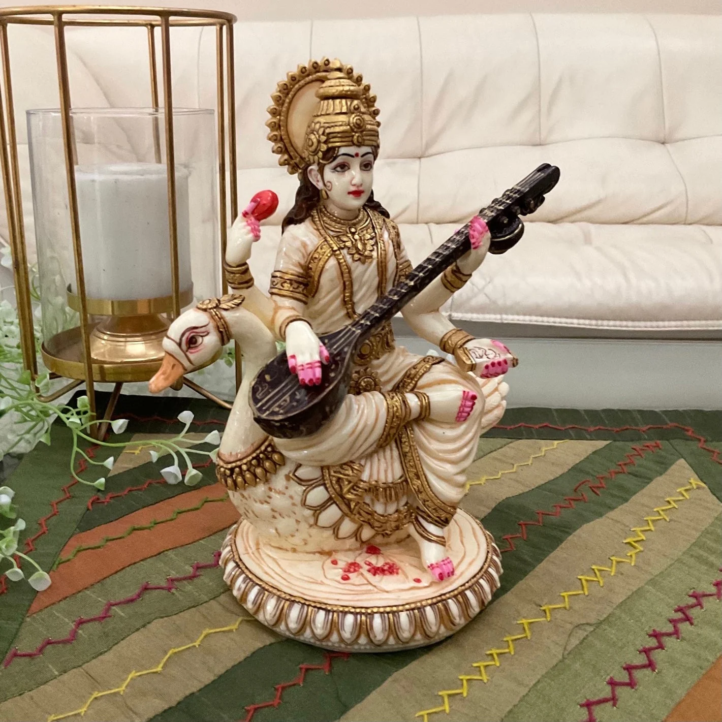 Goddess Saraswati Statue, Marble Dust Resin Idol For Home