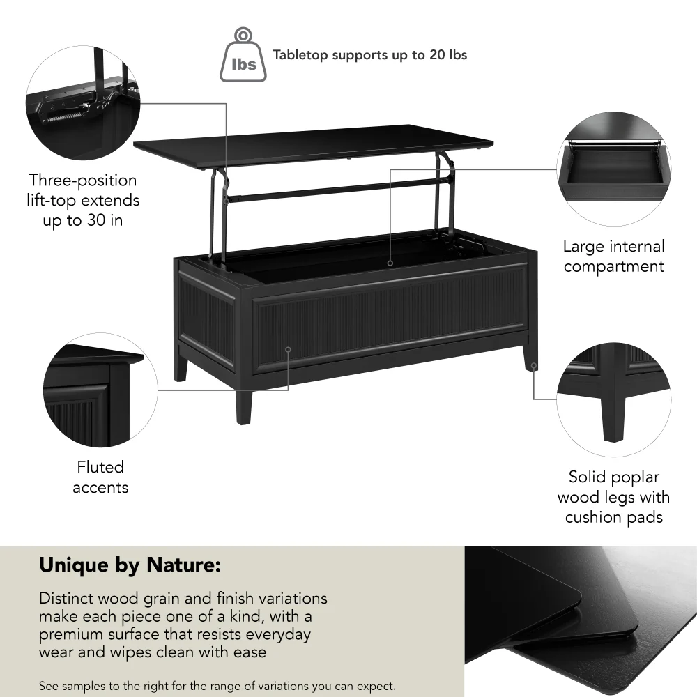 Bush Home Camille 47W Fluted Lift Top Coffee Table with Storage