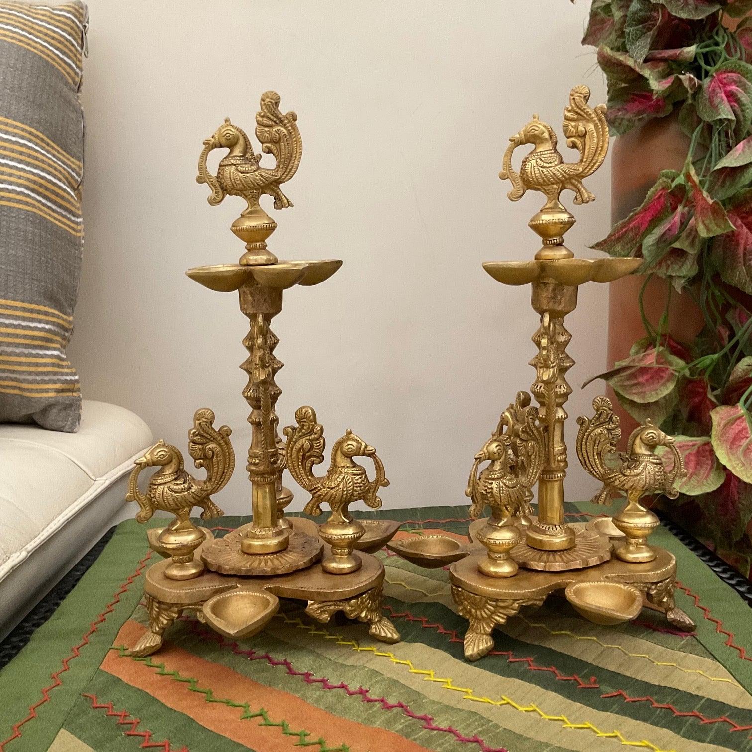 Brass Diya Lamp Dancing Peacock (Set of 2) For Home Festive Decor