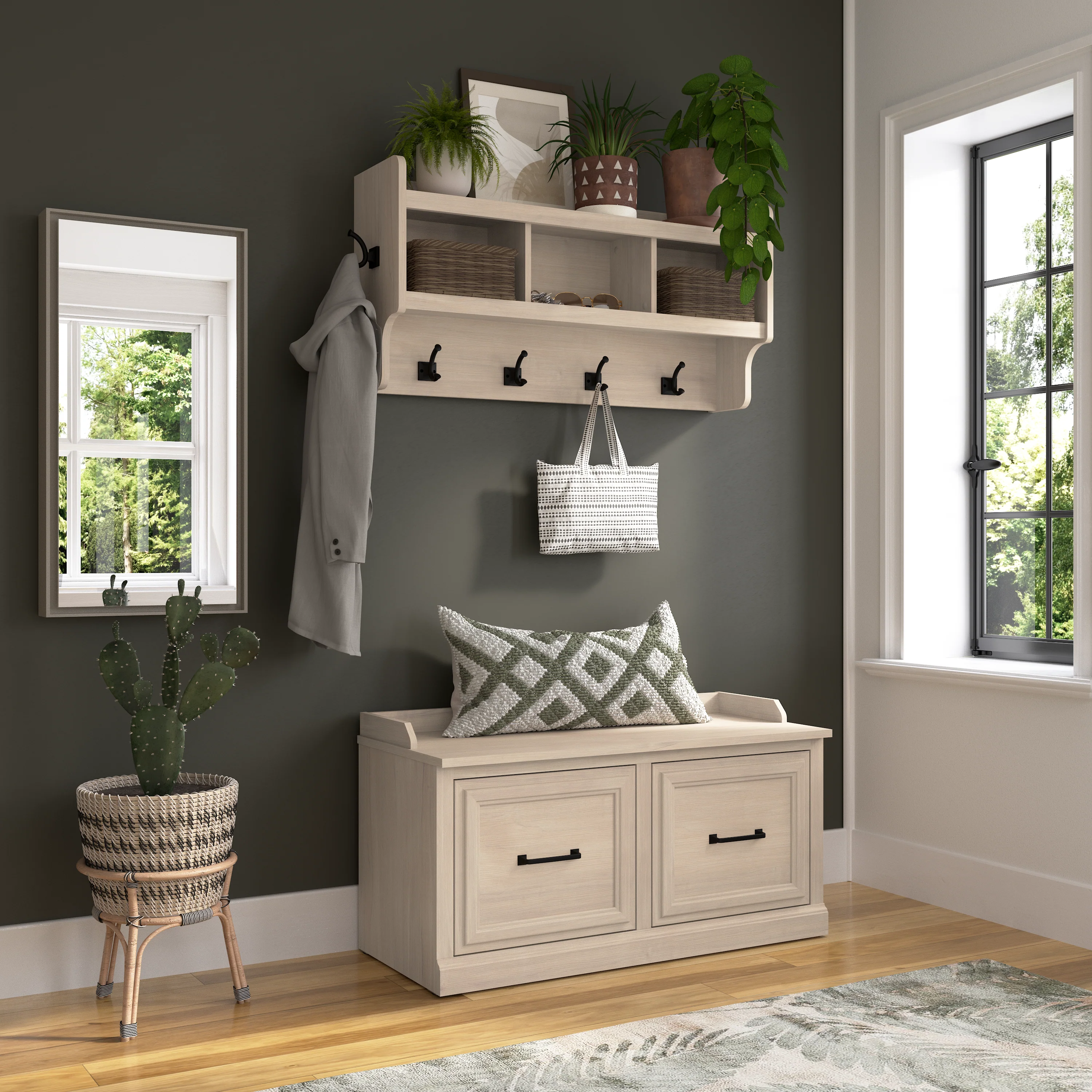 Woodland 40W Shoe Storage Bench with Doors and Wall Mounted Coat Rack