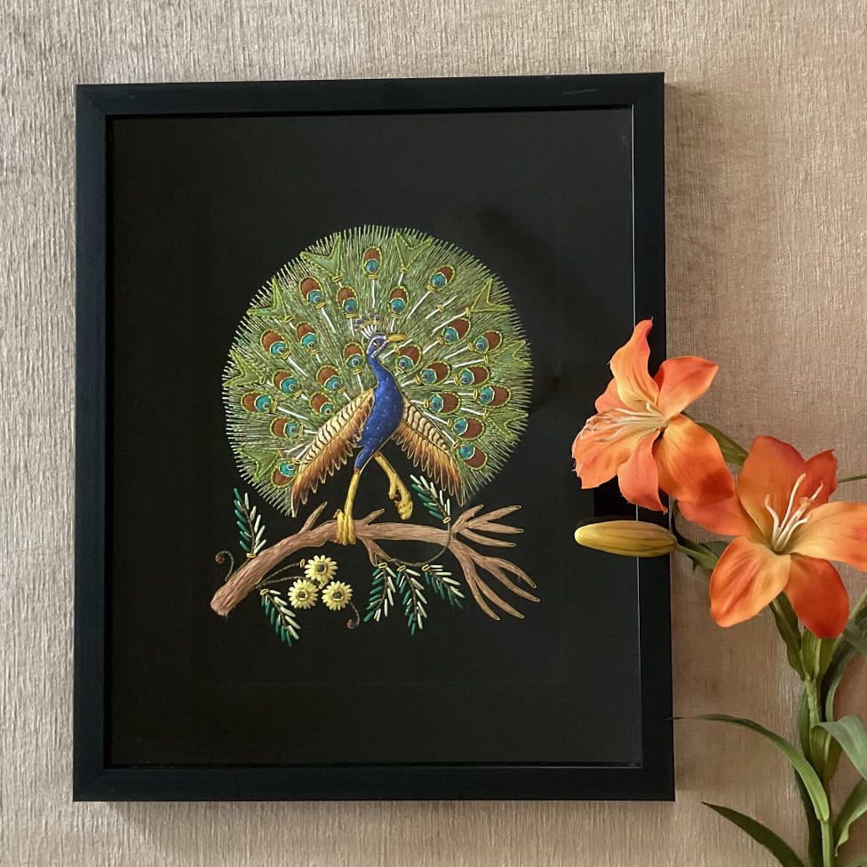 Dancing Peacock Zardozi Embroidered Handmade Painting - Handpainted Wall Decor