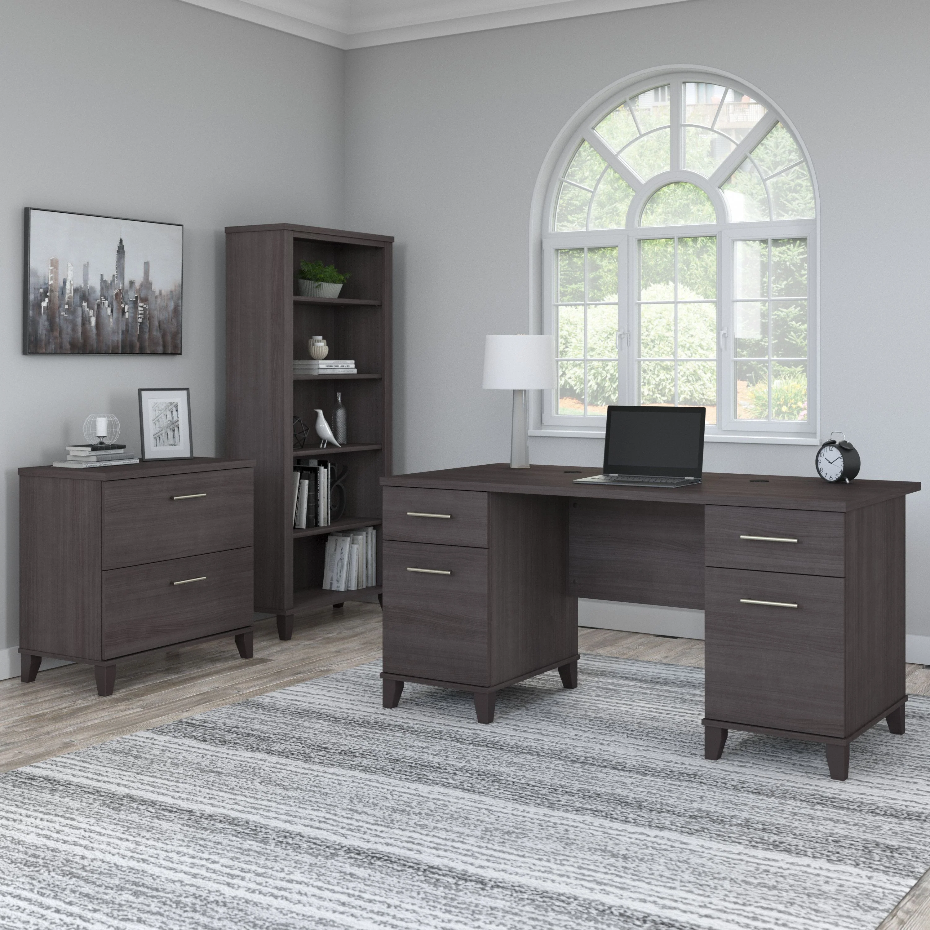 Somerset 60W Office Desk with Lateral File Cabinet and 5 Shelf Bookcase