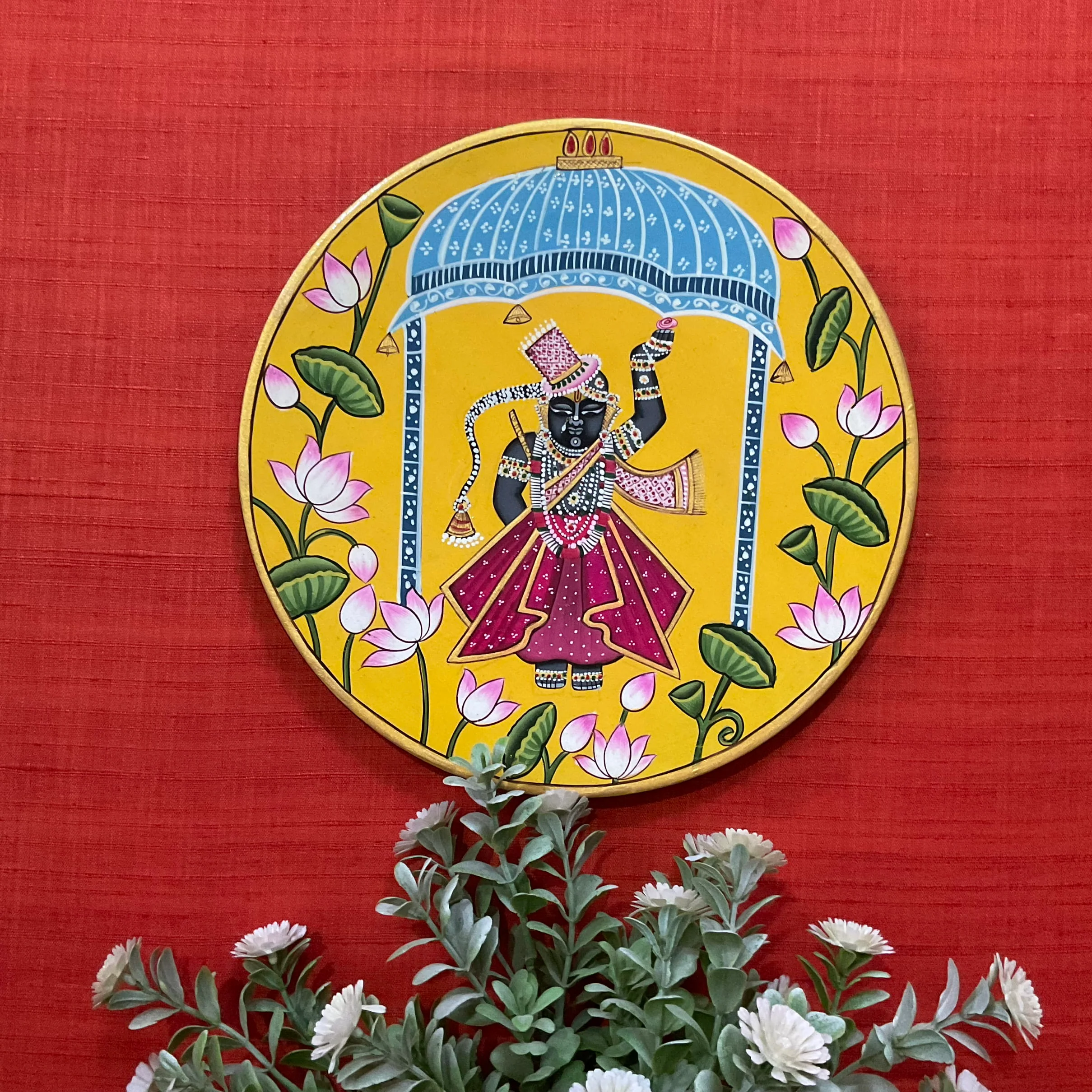Radha Krishna, Shrinathji Cow Pichwai Wall Hanging - Decorative Round Plate