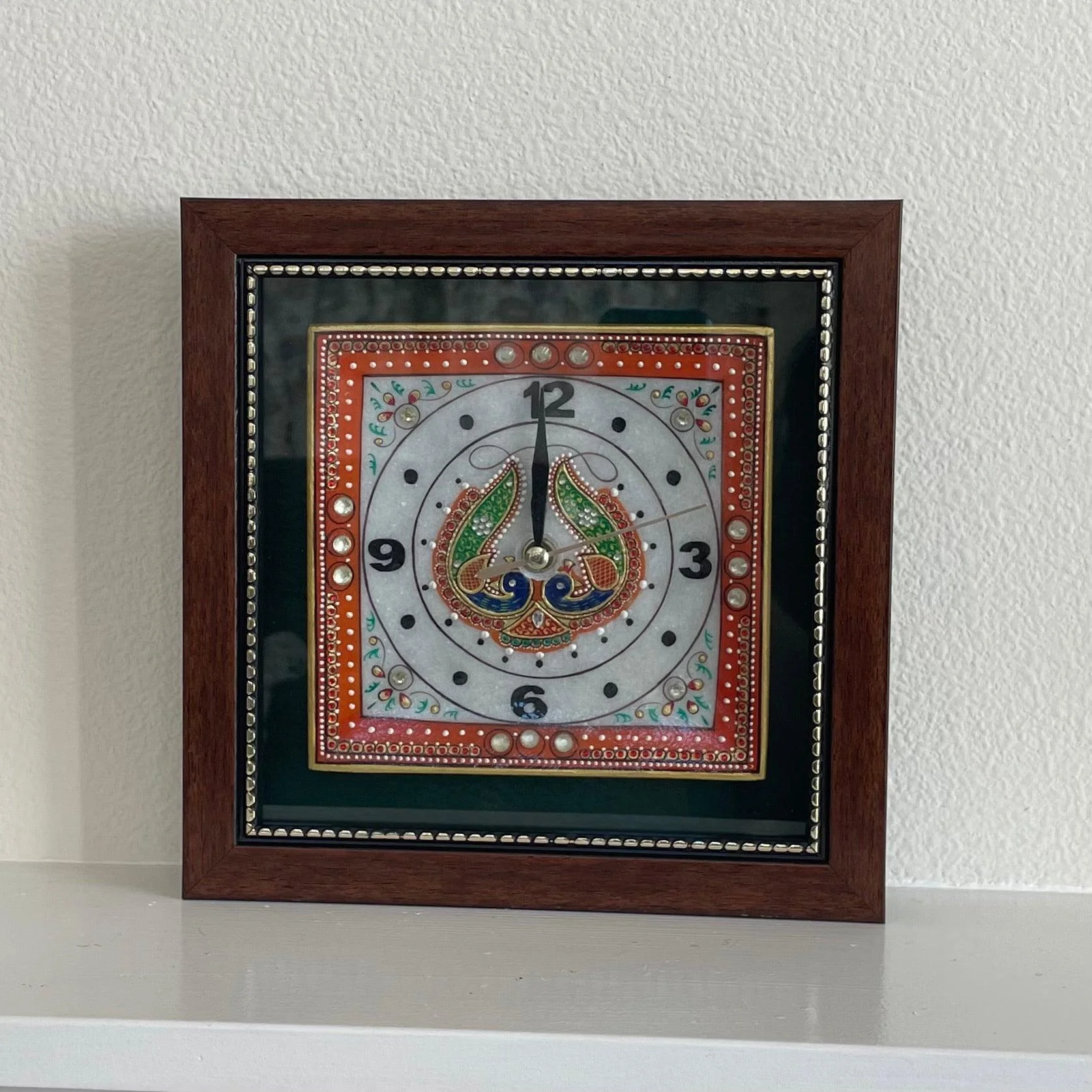 Gold leaf 9 Inches Marble Clock - Meenakari Stone Art Jewelry Painting - Home Decor