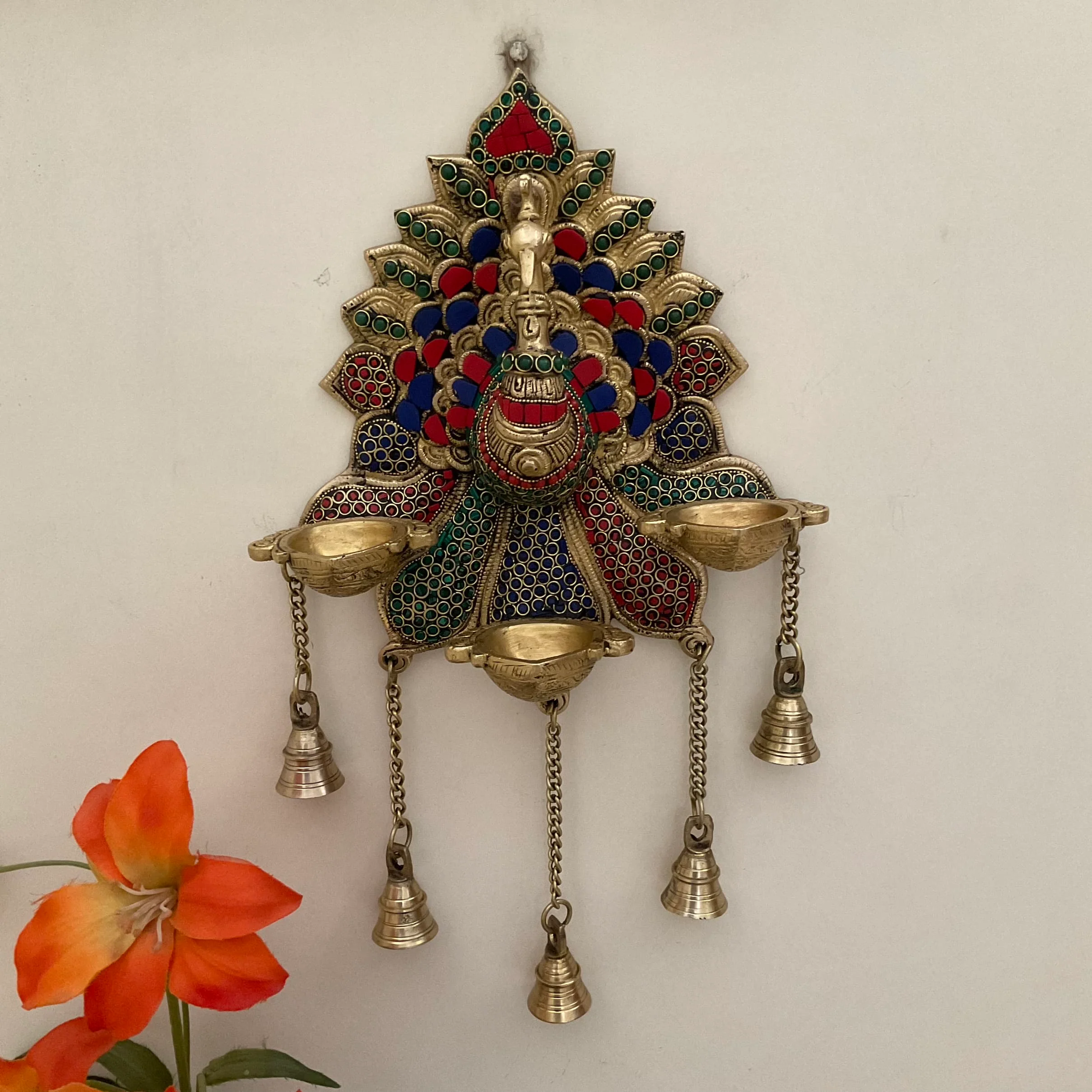 17.5 Inch Peacock Wall Hanging Diya Bell - Brass Stonework Decor
