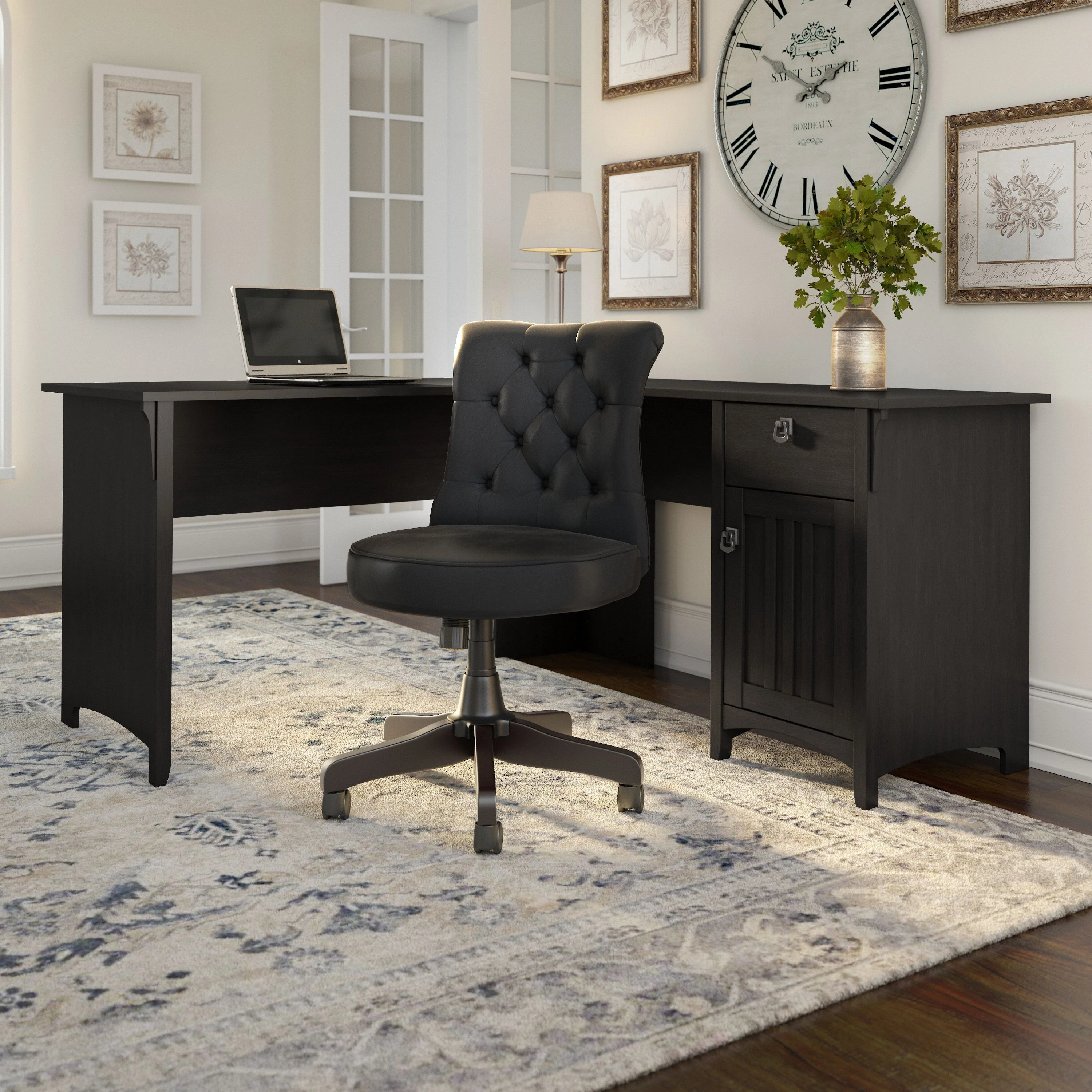 Salinas 60W L Shaped Desk with Mid Back Tufted Office Chair