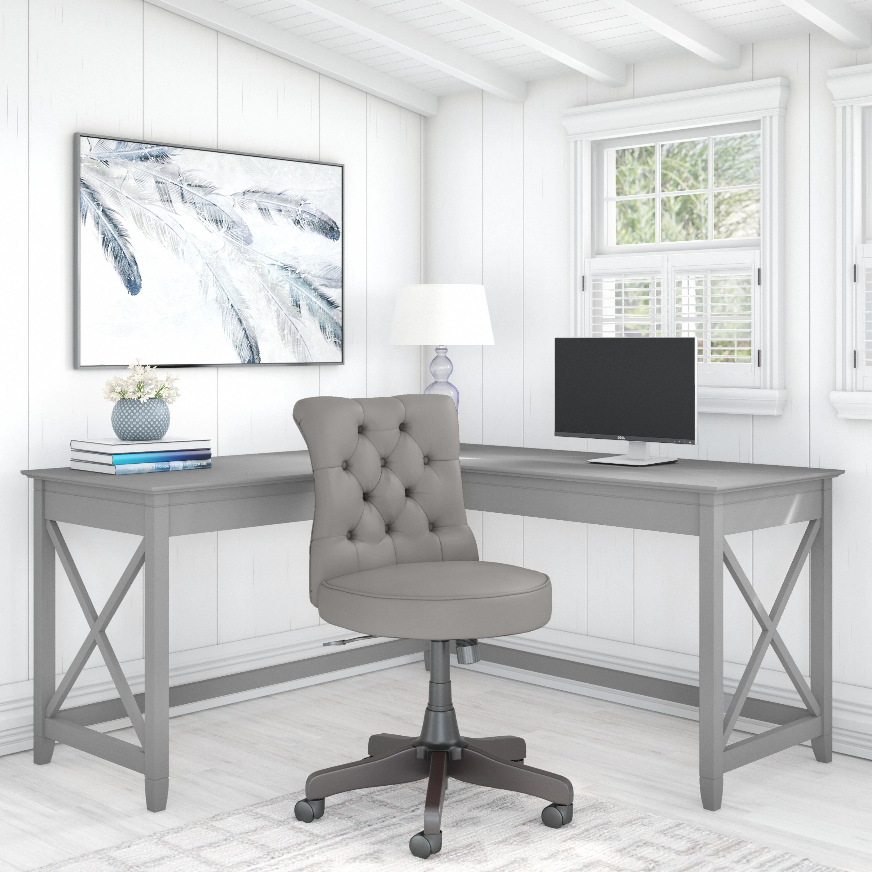 Key West 60W L Shaped Desk with Mid Back Tufted Office Chair