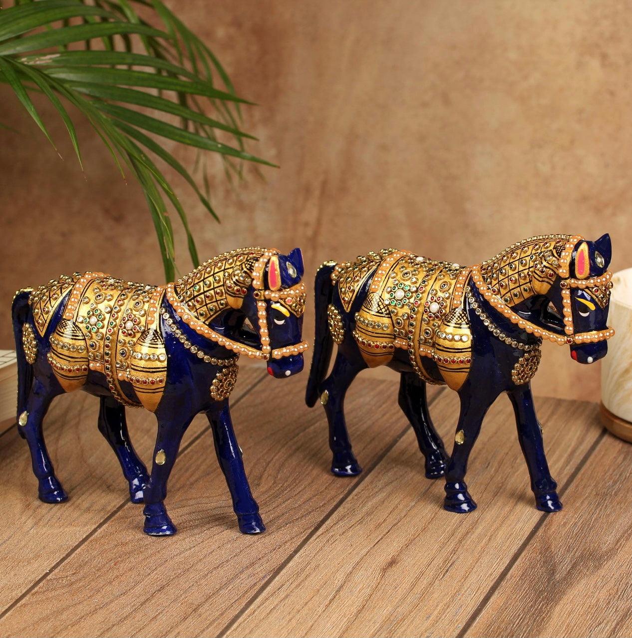 Handcrafted Decorative Metallic Horse (Set of 2) - Meenakari Stonework - Animal Decor