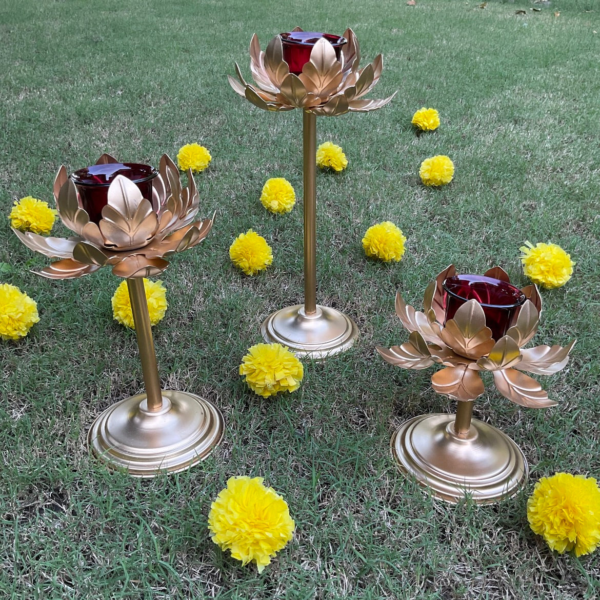 Flower Metallic Glass Candle Holder (Set of 3) - Festive Decor