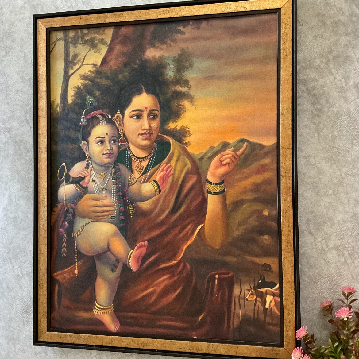 Yashoda Maiya With Balakrishna Handmade Oil Painting - Raja Ravi Varma Recreation - Wall Decor