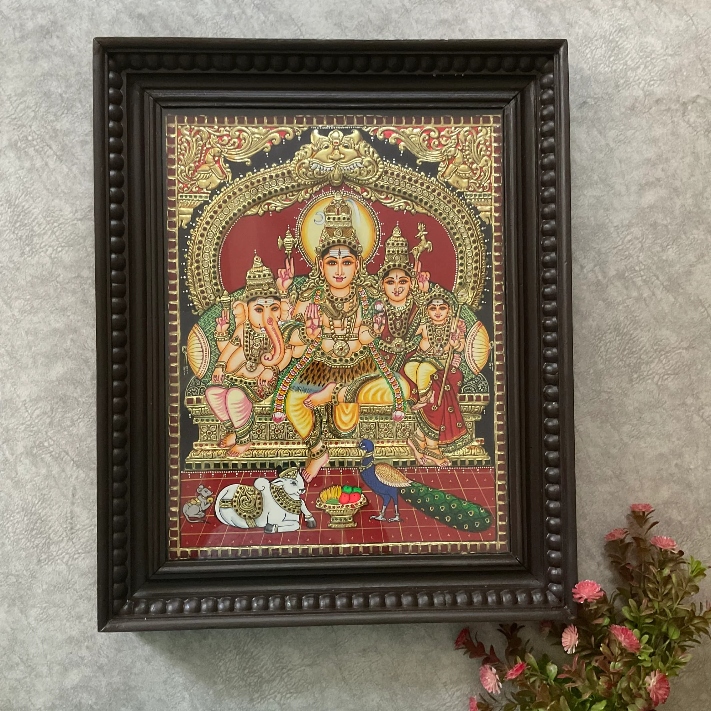 21 Inches Shiv Parivar 3D Embossing Tanjore Painting - Traditional Wall Art