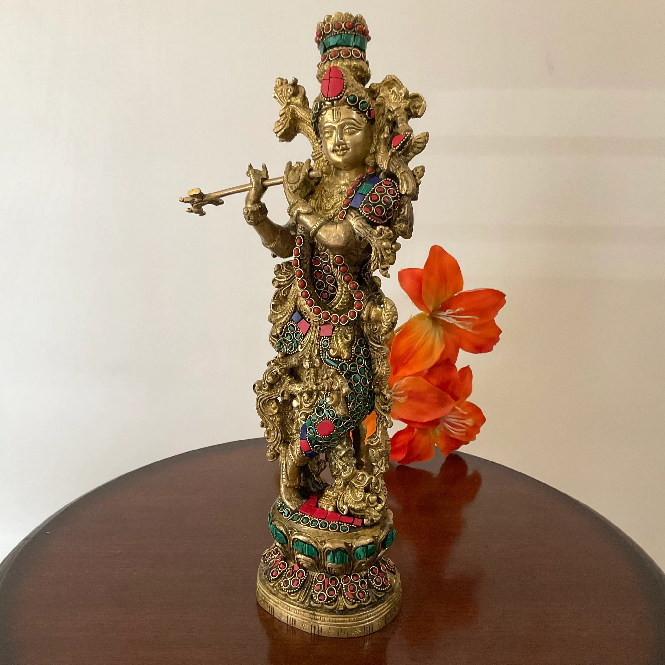 14 Inches Radha Krishna Idol Brass Stonework - Decorative Figurines For Home