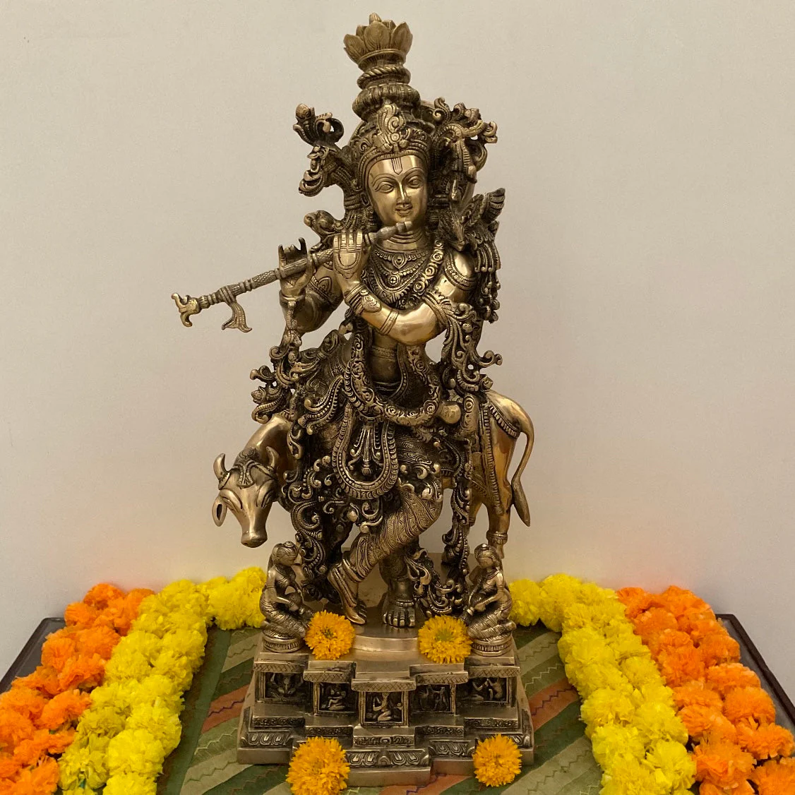 29 Inch Lord Krishna Cow Brass Idol, Statue For Pooja, Entrance Decor