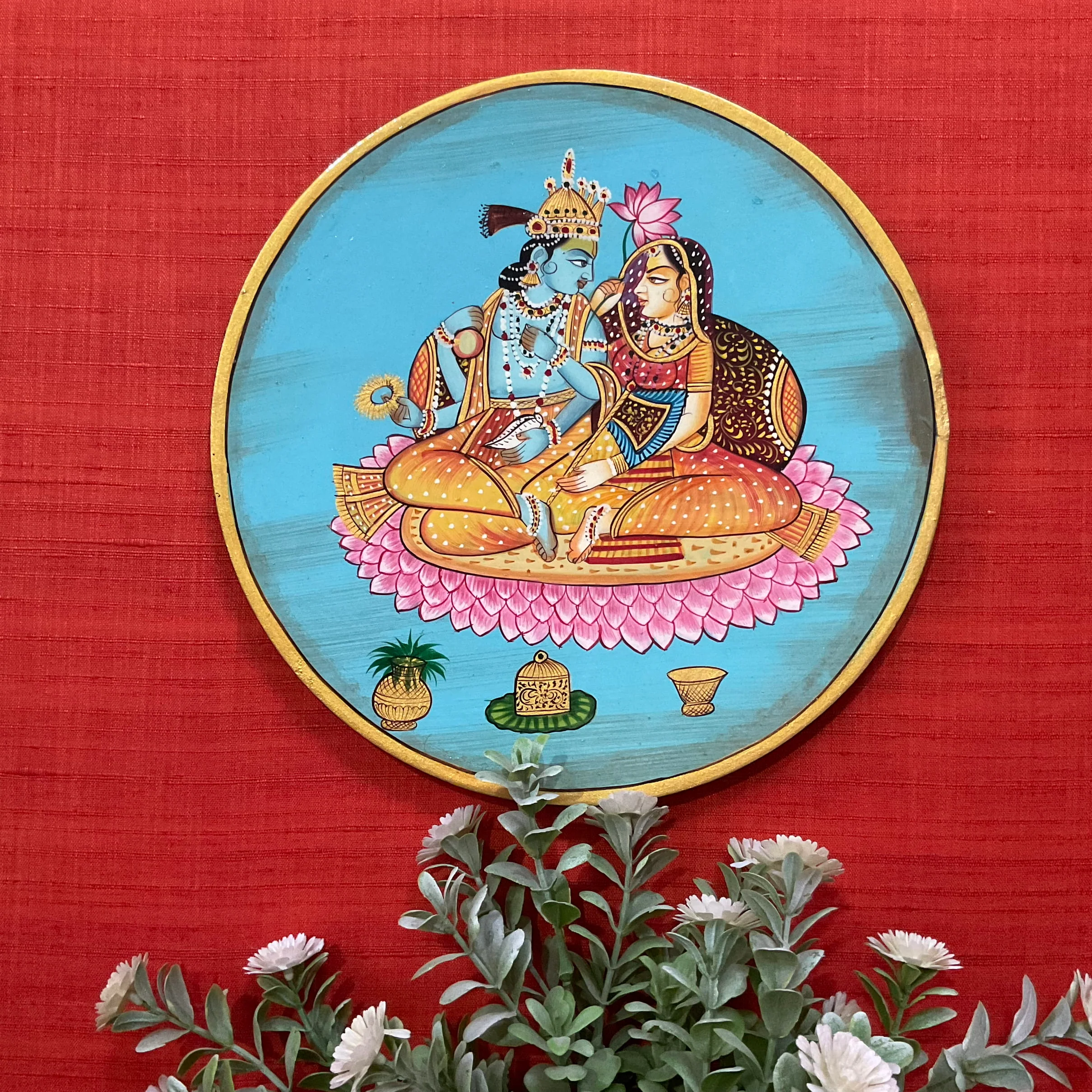 Radha Krishna, Shrinathji Cow Pichwai Wall Hanging - Decorative Round Plate