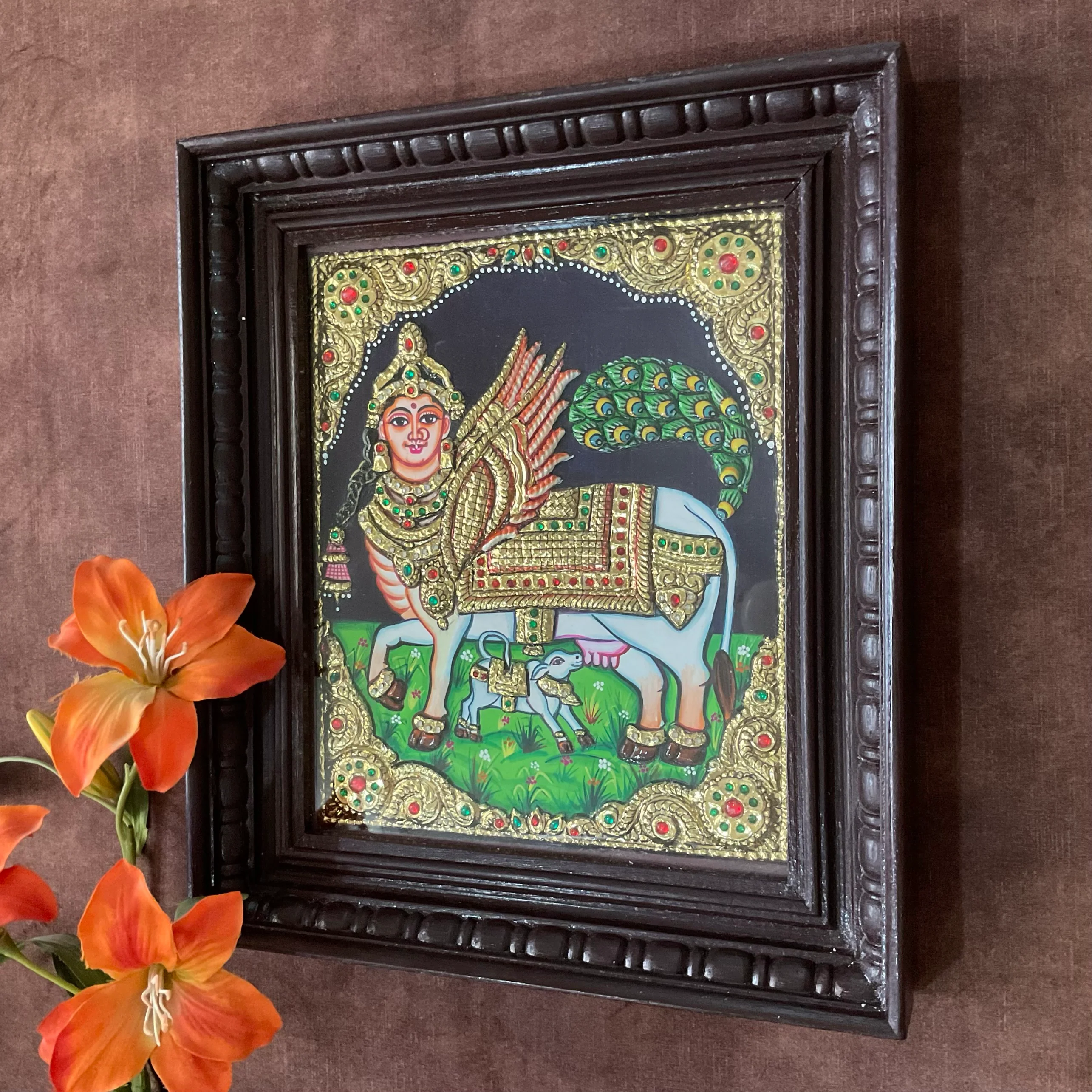 Kamdhenu Cow and Calf Tanjore Painting - Traditional Wall Art