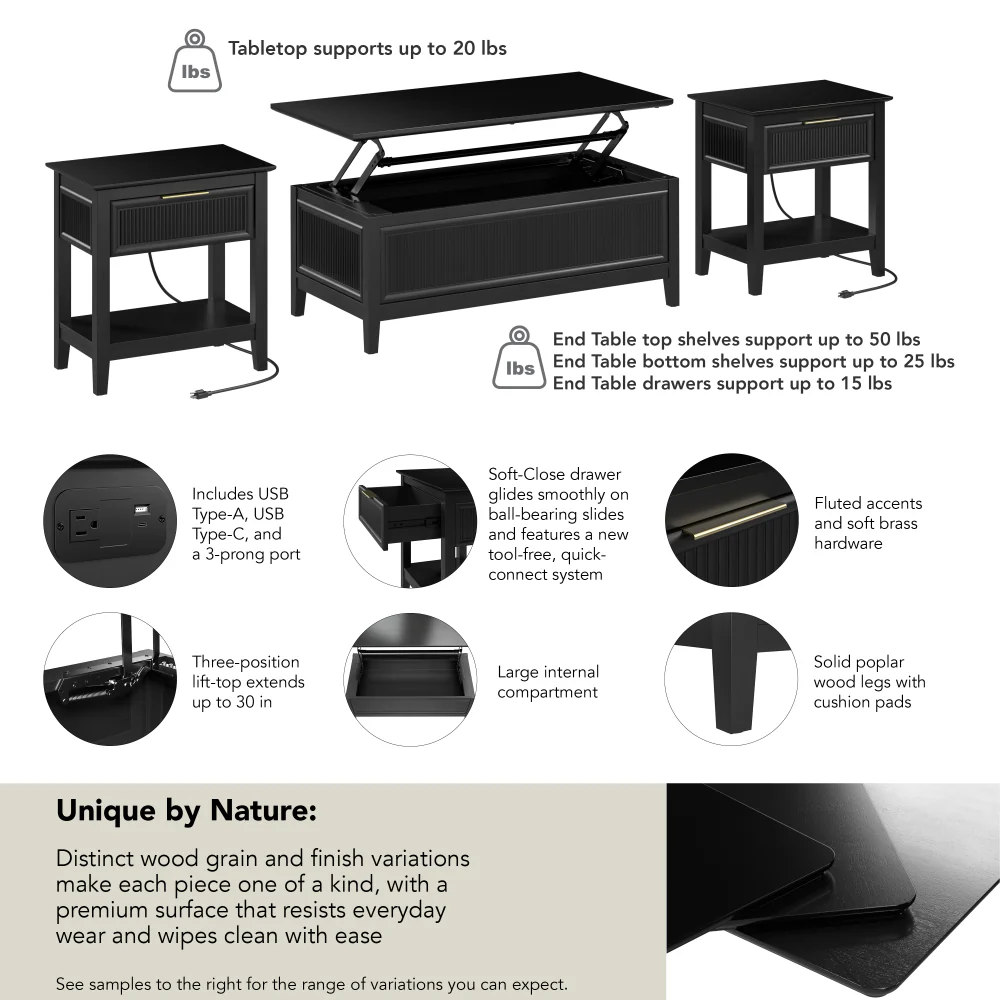 Bush Home Camille Fluted Lift Top Coffee Table and End Tables Set