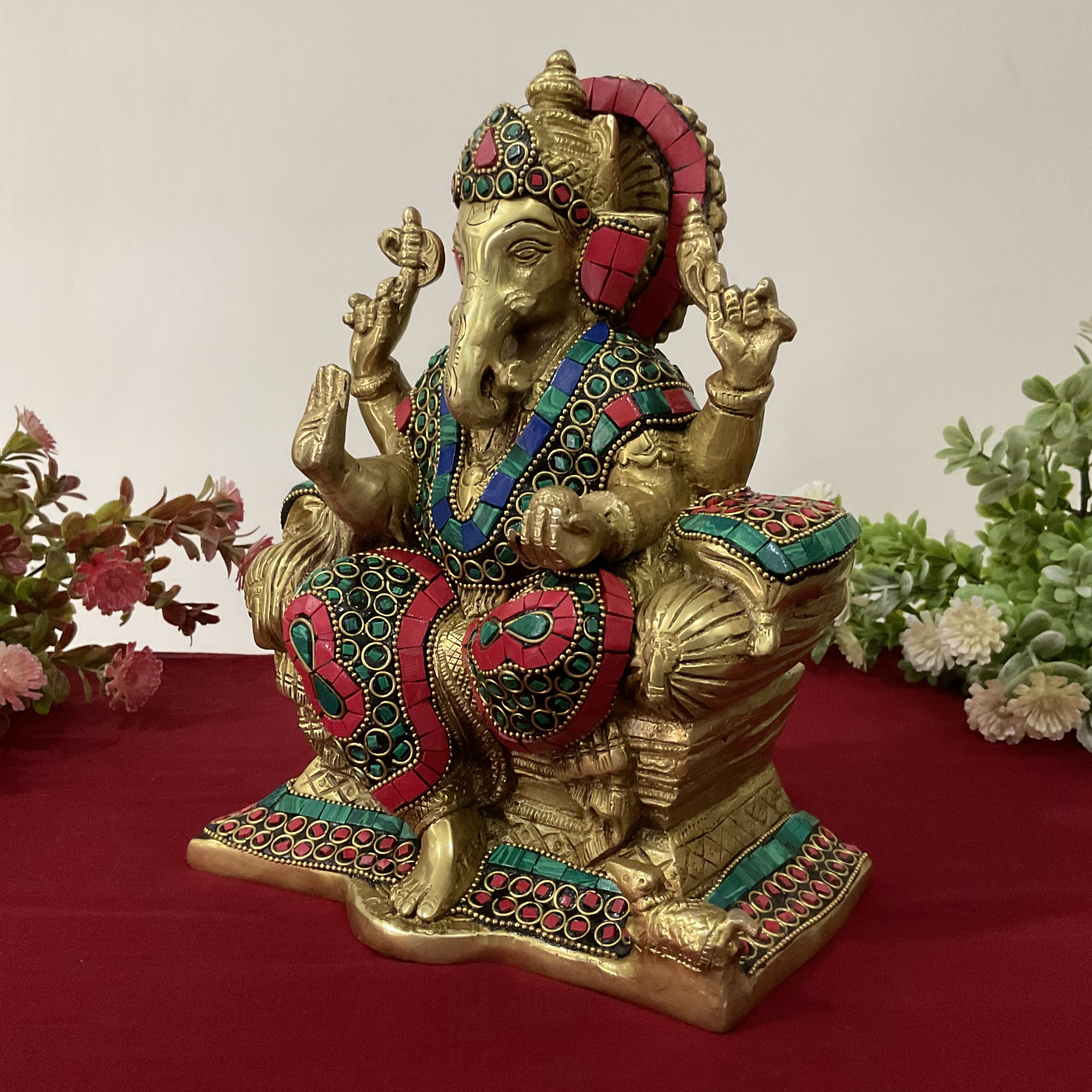 9 Inches Lord Ganesh Brass Idol - handcrafted turquoise Inlay - Decorative Figurine