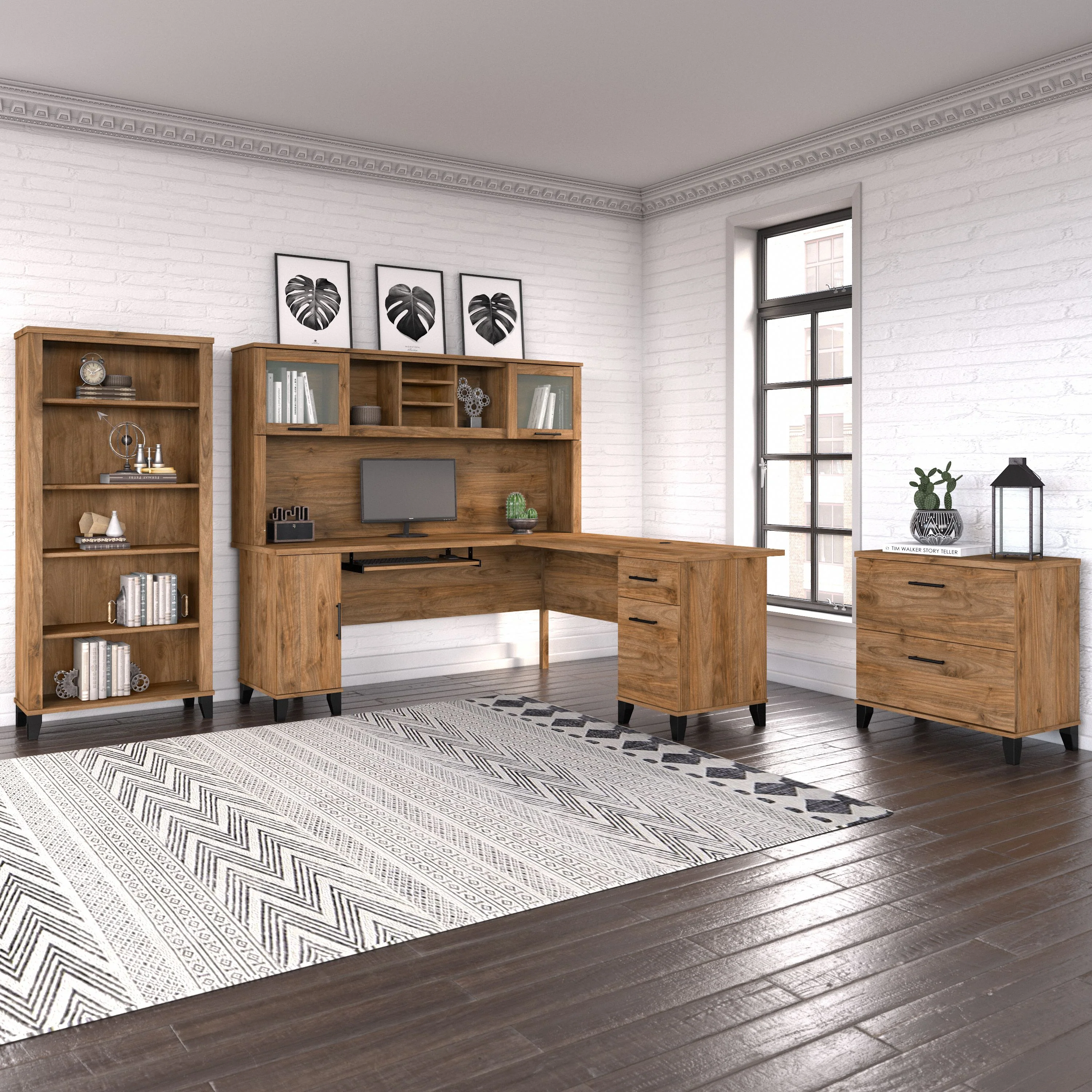 Somerset 72W L Shaped Desk with Hutch, Lateral File Cabinet and Bookcase