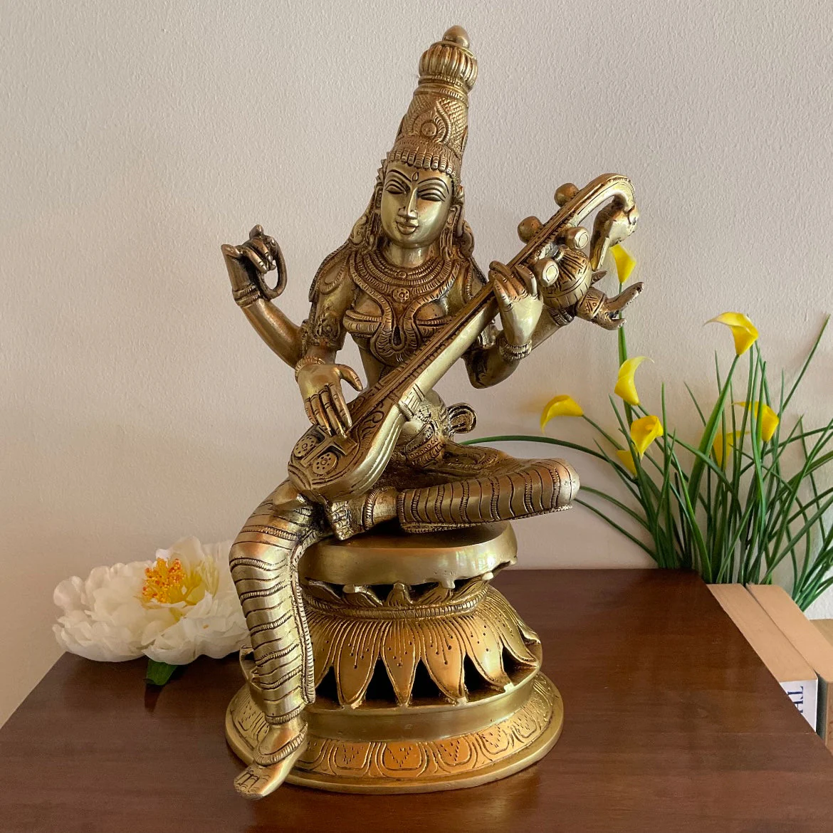 12 Inches Goddess Saraswati Brass Idol - Pooja Statue for Home - Festive Decor
