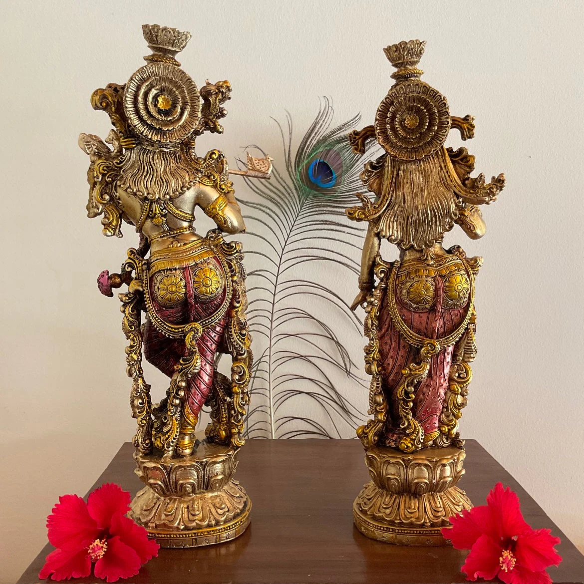 Copper Finish Radha Krishan Marble Dust Resin Idol Hindu God Pooja Statue, Home Decor