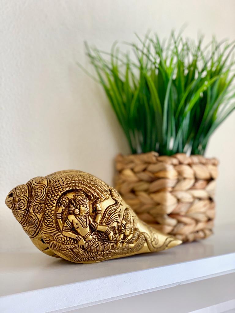 Sheshnag Lord Vishnu Brass Conch (Shank) 8 Inches - Decorative Home Decor