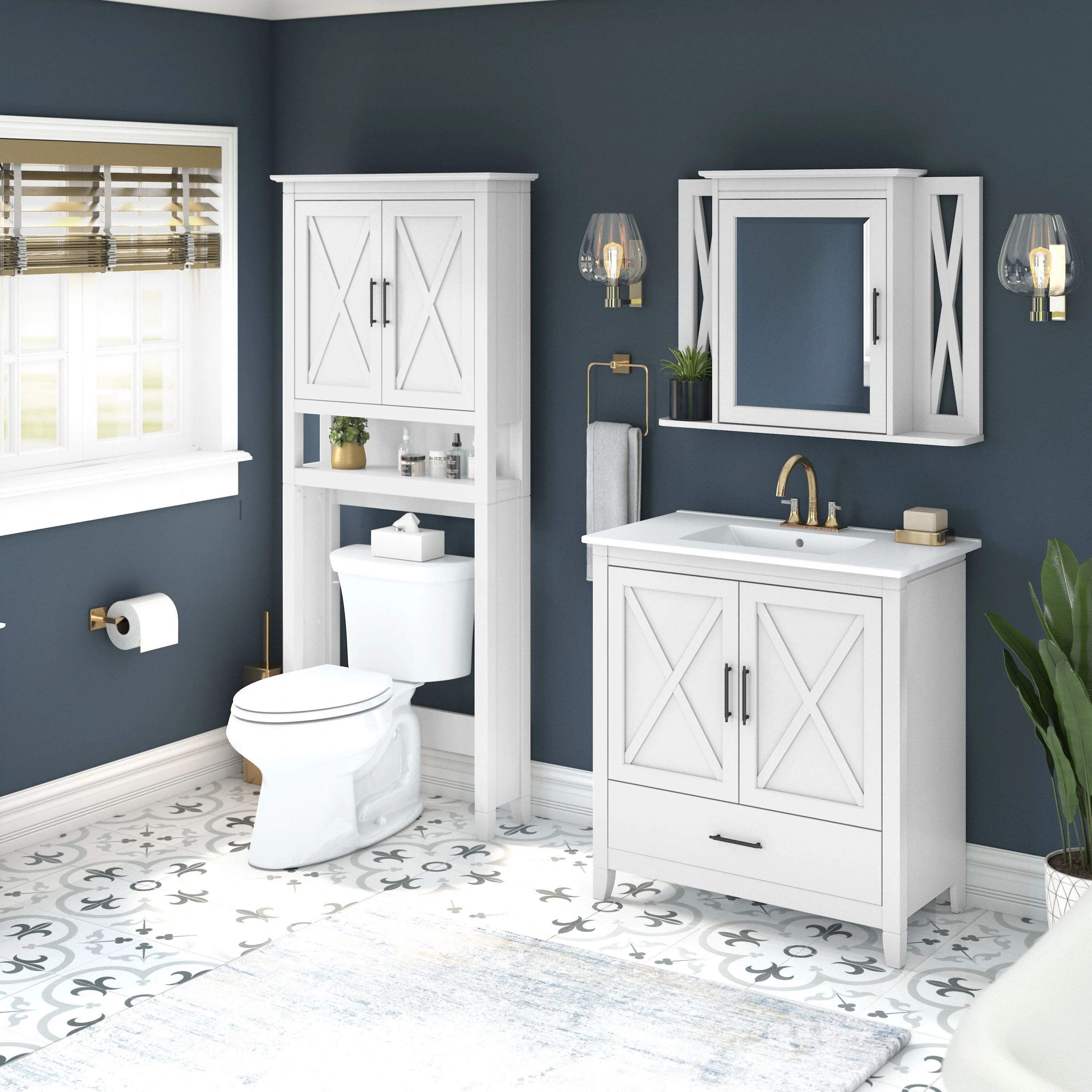 Key West 32W Bathroom Vanity Sink with Mirror and Over The Toilet Storage Cabinet