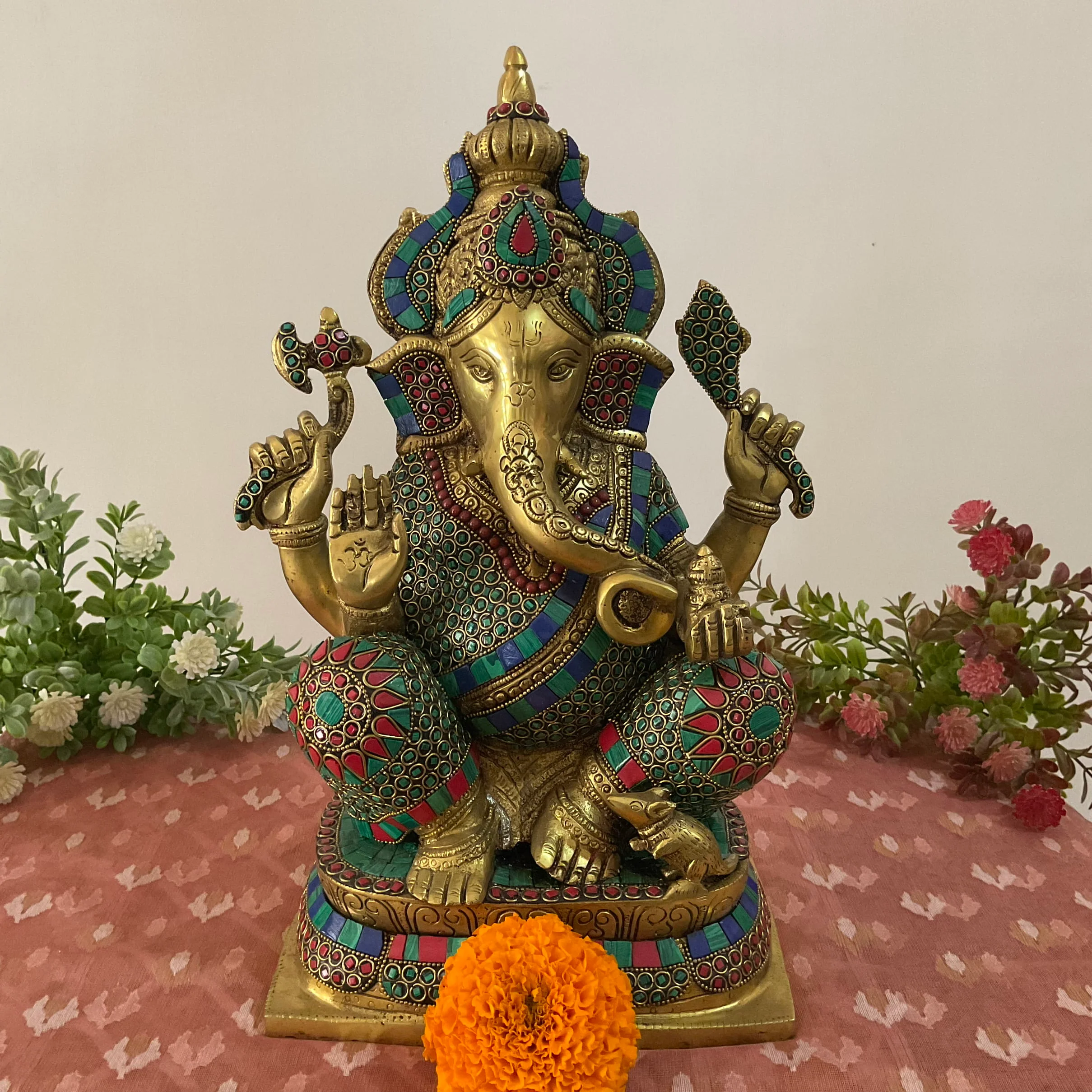 15 Inch Brass Ganesh Idol With Stonework - Ganpati Statue for Home Pooja, Housewarming Gift