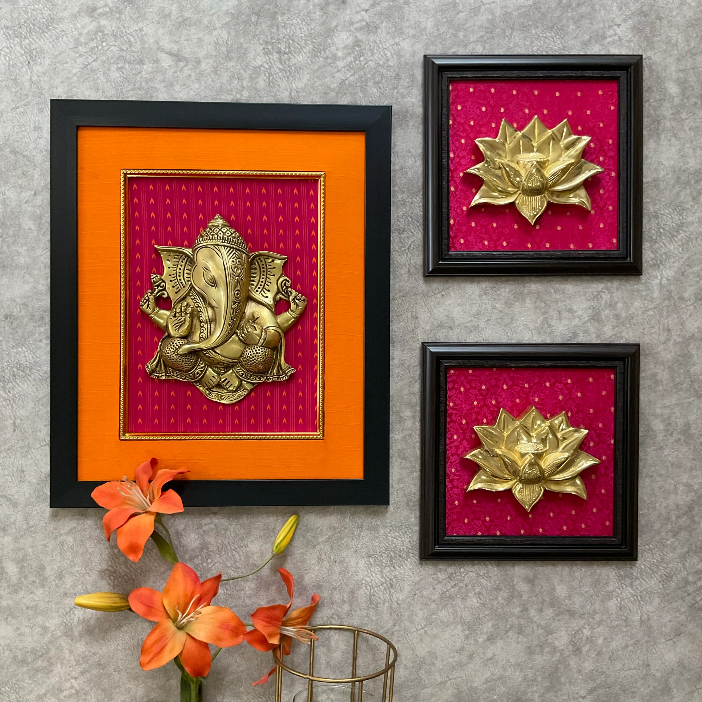 Framed Brass Ganesha Lotus Wall Hanging (Set of 3)