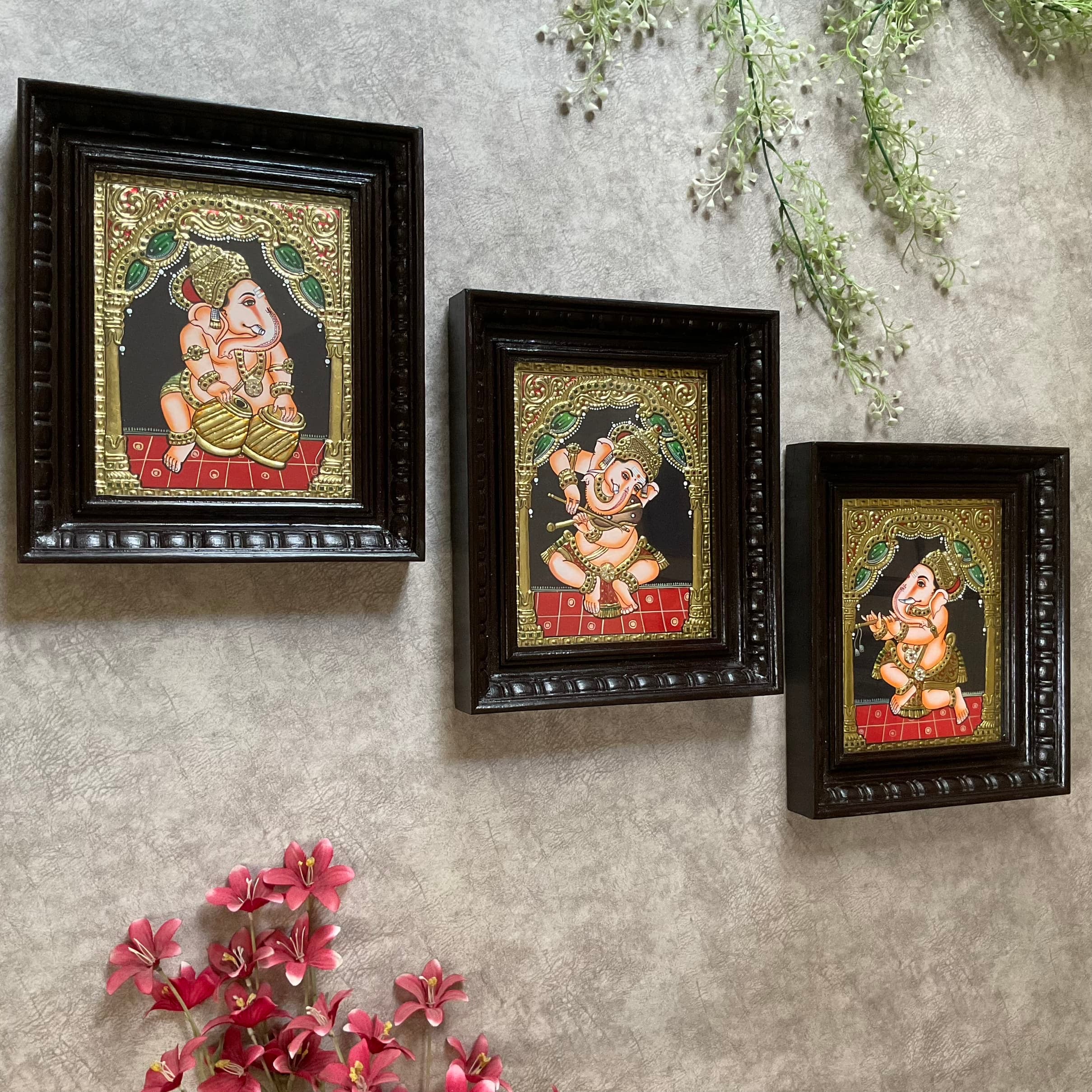 Lord Ganesha Tanjore Painting (Set of 3) - Traditional Wall Art