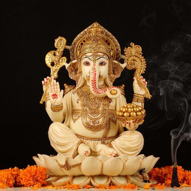 12 Inch Ganesha Idol Marble Resin Hindu God Statue - Ganpati Murti for Home Housewarming Gift