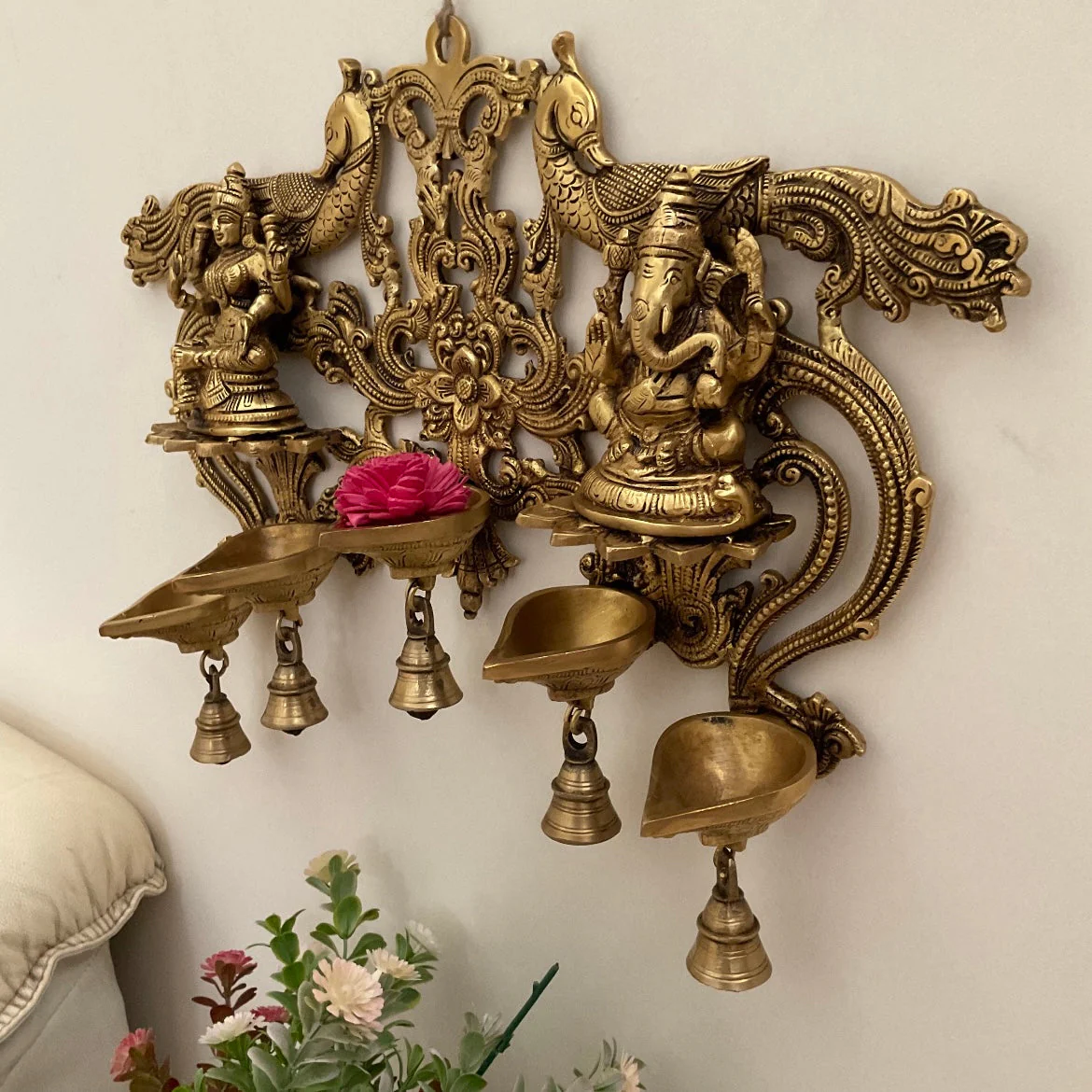 Lakshmi Ganesh Hanging Diya And Bell - Brass Divine Wall Hanging - Festive Decor